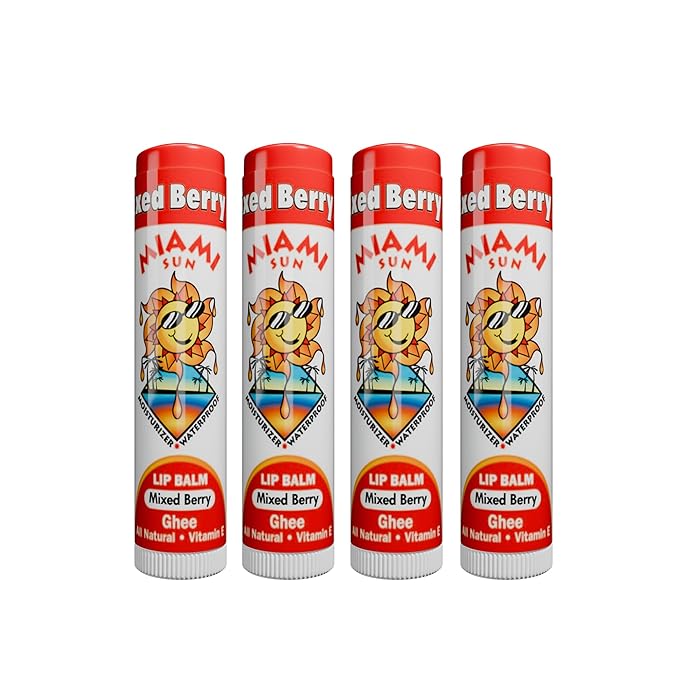 Miami Sun Natural Ghee Lip Balm, Hydrating Lip Treatment with Shea Butter & Beeswax, Organic & Non-Toxic, Best for Dry, Chapped Lips - Moisturizing, Healing, Chemical-Free Care (4 Count, Mixed Berry)