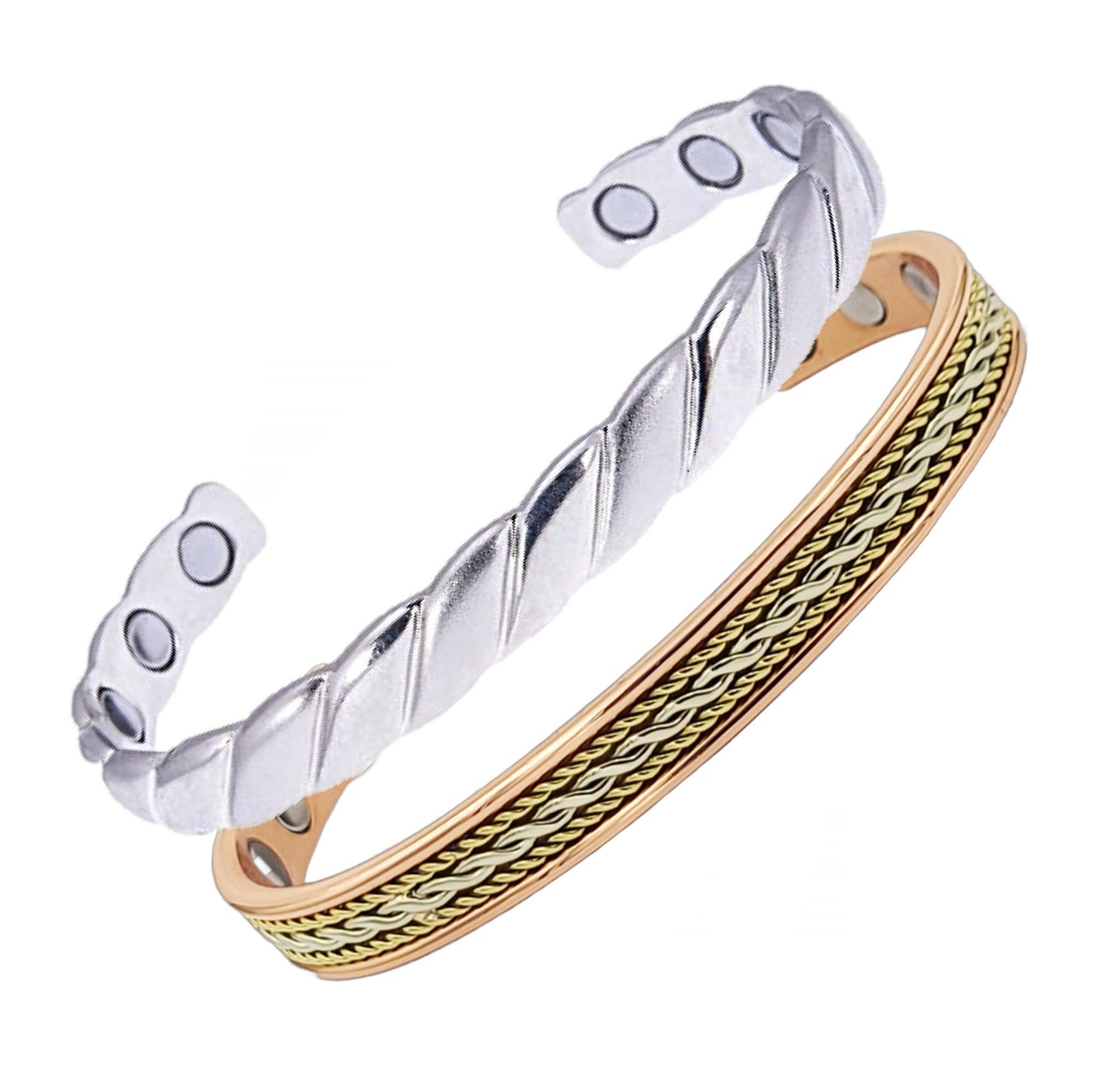 Earth Therapy Rope Inlay & Braided Silver Style Copper Cuff Bracelets with Ultra Strength Magnets - Unisex - Adjustable