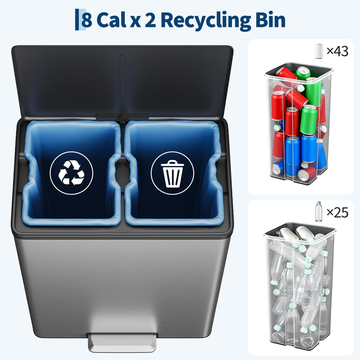 Dual Trash Can Stainless Steel Kitchen Recycling Bin Foot Pedal