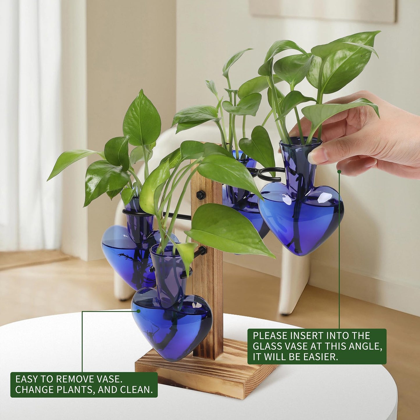 CYZglass Plant Terrarium Propagation Stations with Wooden Stand, Glass Vase for Indoor Hydroponics Home Garden Office Decoration Gift for Women - 4 Love Bulb Vase