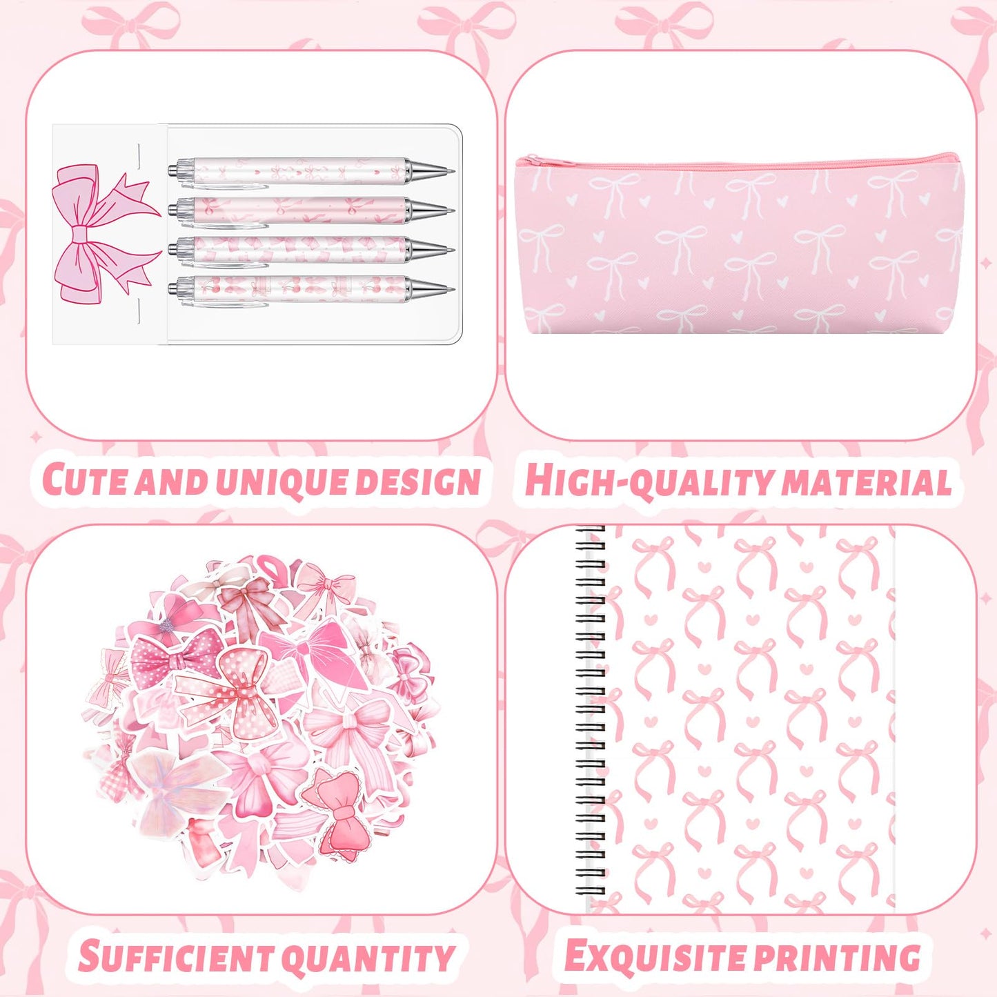 Sayglossy Pink Bow Stationery Gift Coquette School Supplies Set Include Pens Aesthetic Journal Notebook Pencil Case and Stickers Pink Bow Preppy Back to School Supplies for Girl Students