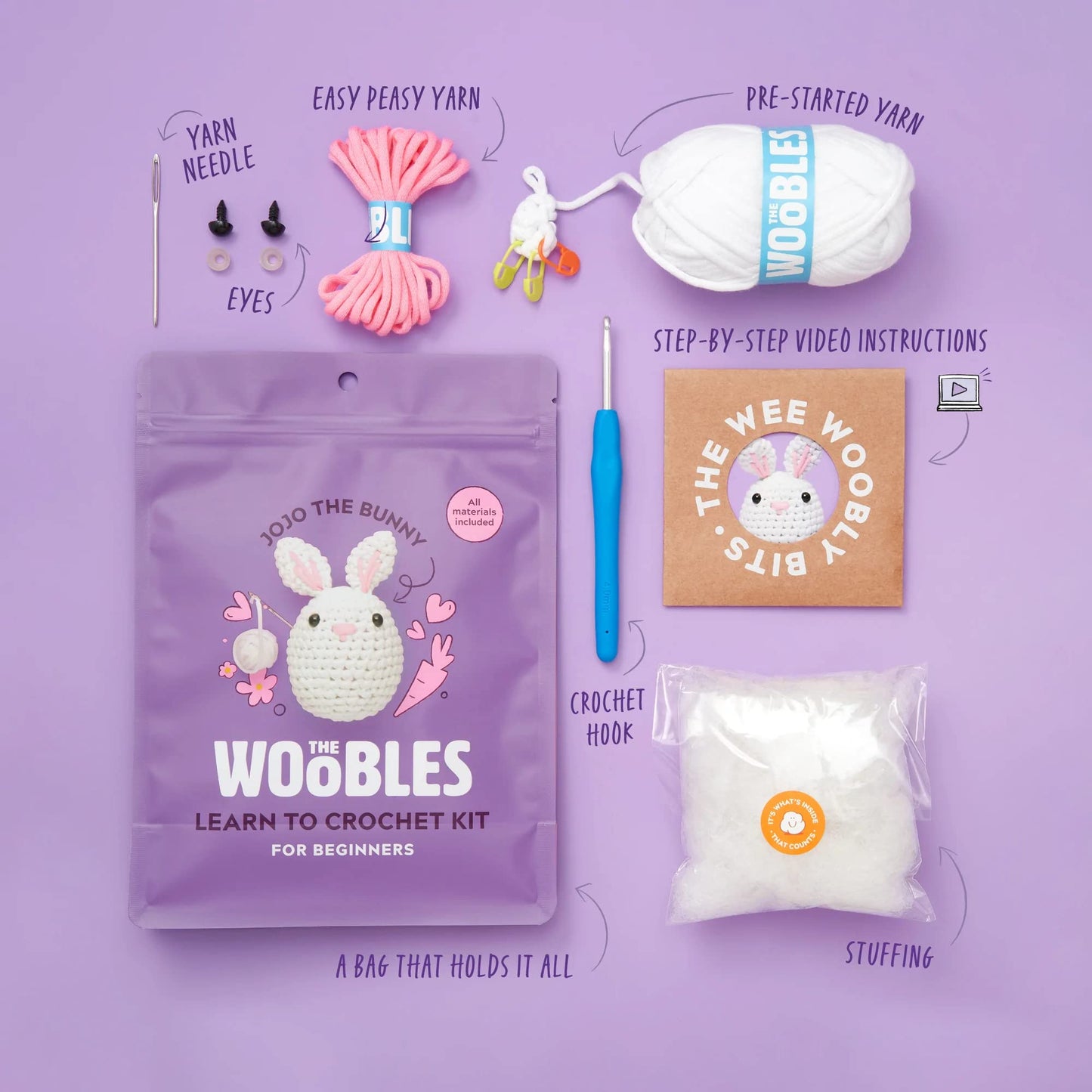 The Woobles Beginners Crochet Kit with Easy Peasy Yarn as seen on Shark Tank Bundle - with Step-by-Step Video Tutorials - Kiki The Chick and JoJo The Bunny