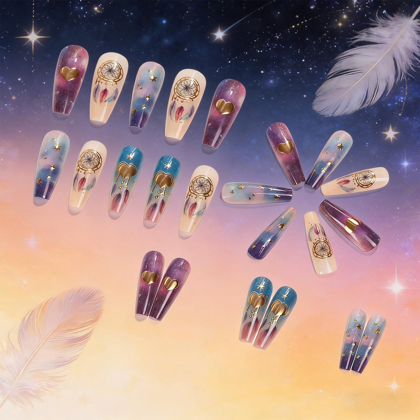 Medium Coffin Press on Nails Boho Chic Fake Nails Cosmic Galaxy False Nails with 3D Gold Heart Star Dream Catcher Designs Reusable Artificial Nail Full Cover Stick on Nails for Women Manicure