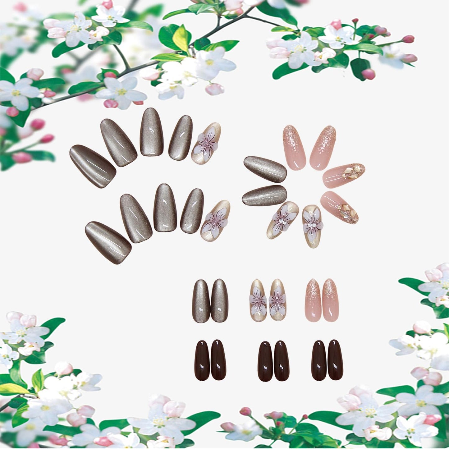 30Pcs Flower Press on Nails Medium Almond Fake Nails Artificial Acrylic 3D Floral with Rhinestones Glitter Spring Design Full Cover Glossy Stick on Nail Artificial Fingernails for Women Manicure