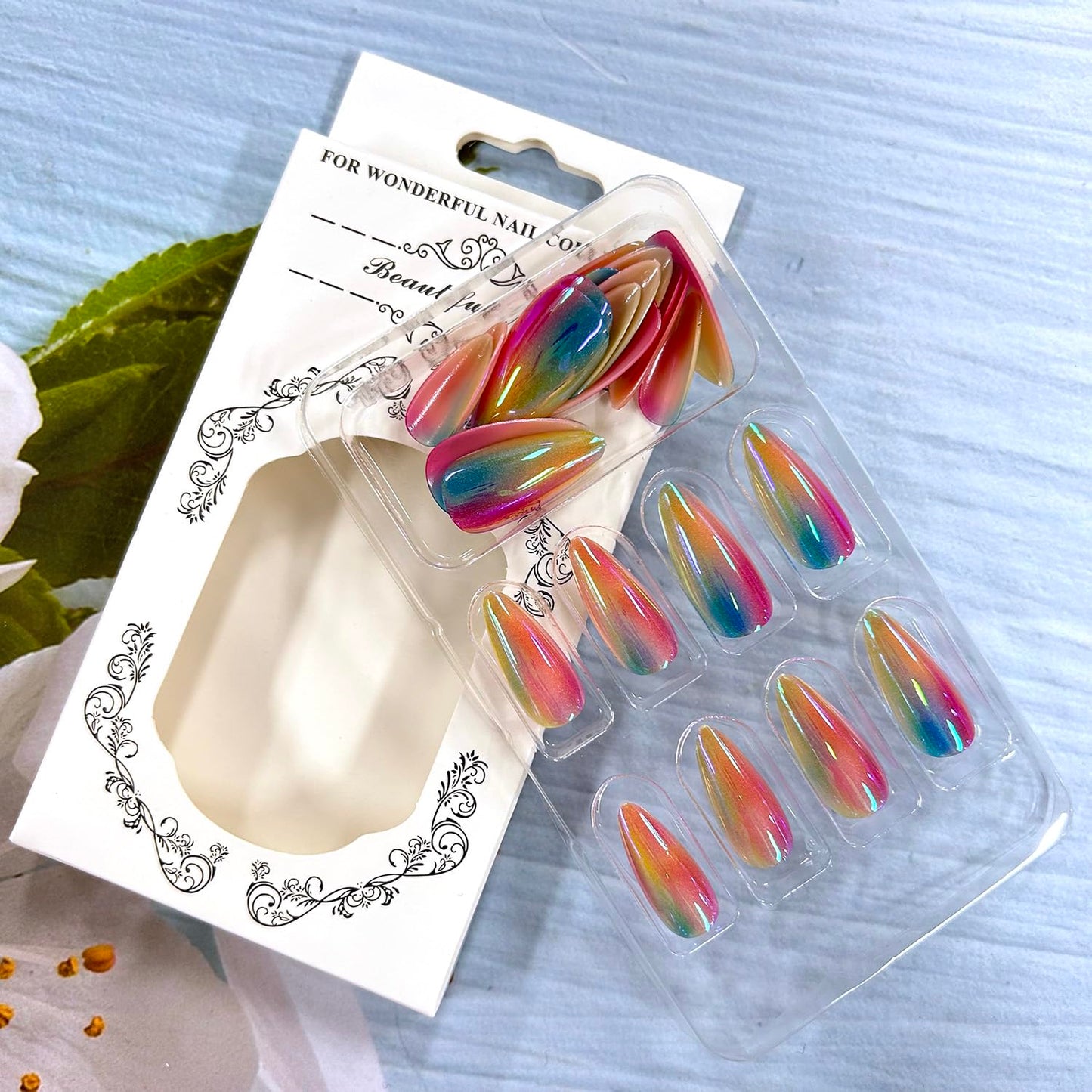 CJDLTS Almond Press on Nails Medium Colorful Plating False Nails Glossy Reusable Full Cover Coffin Nails Acrylic Artificial Nails Almond Stick on Nails DIY Glue on Nails for Women Manicure Kit 24Pcs