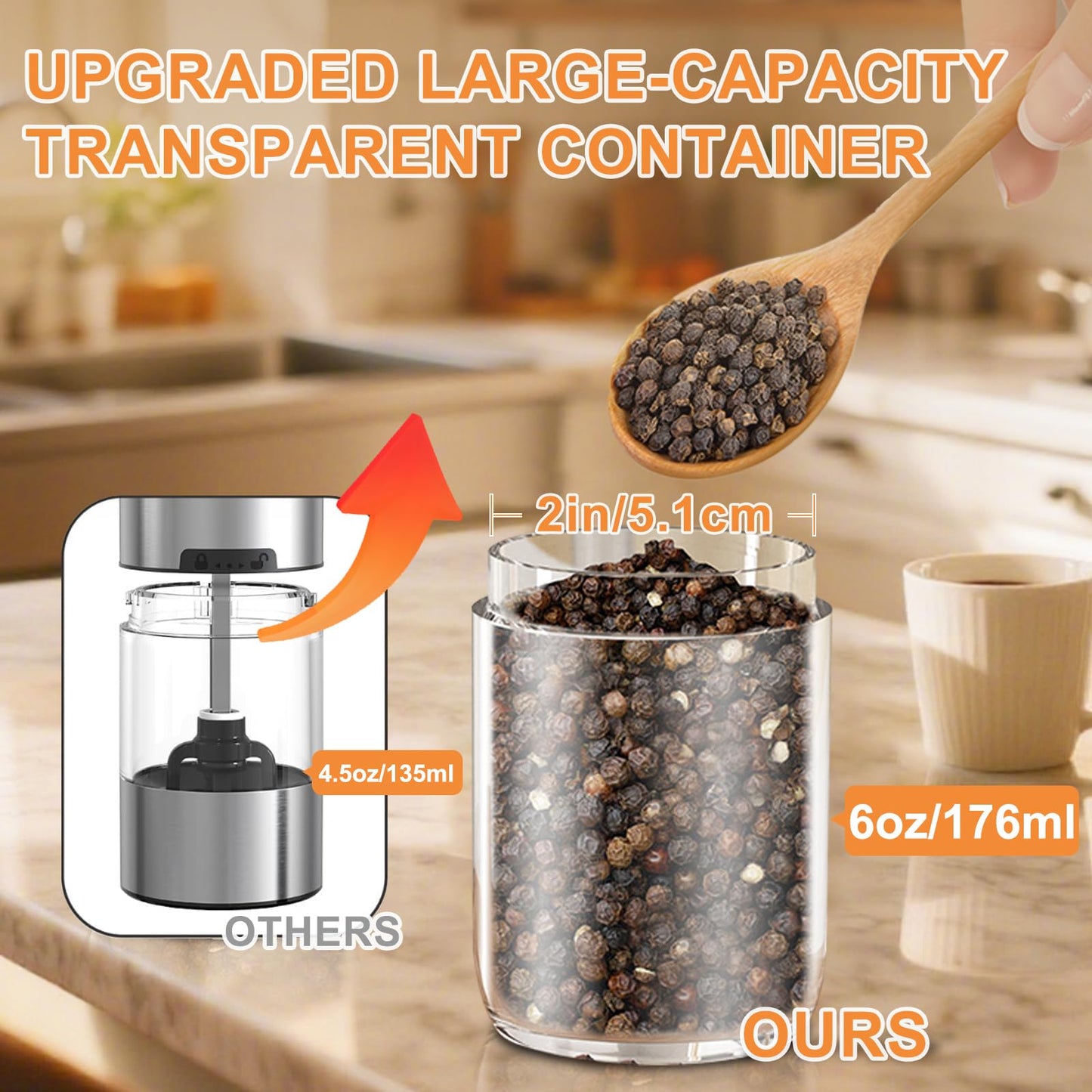 Gravity Electric Salt and Pepper Grinder Set Rechargeable, External Adjustable Coarseness, Automatic Salt and Pepper Shakers Mill with LED Light, 6oz/176ml Large Capacity, House Warming Gifts (2 Pack)