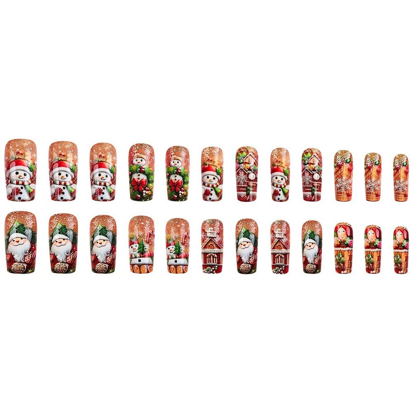 Christmas Press on Nails Christmas Theme Medium Glossy Acrylic Square Shaped Winter False Nails with Snowflake Designs Artificial Xmas Relief Snowman Fake Nails for Women Manicure Decoration 24 Pcs