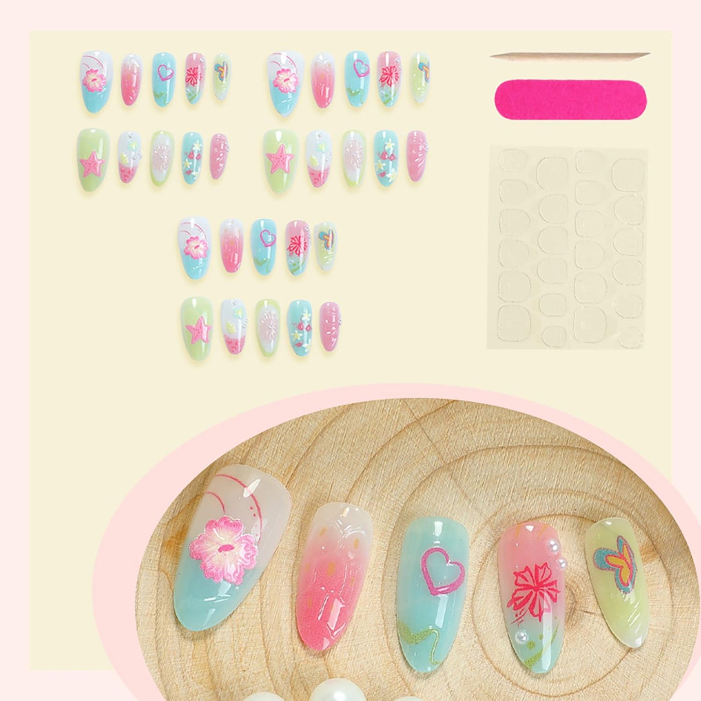NZRAESTRS 30Pcs Summer Press on Nails Medium Almond Fake Nails with 3D Starfish Designs, 30pcs Beach Press on Nails, 1pc Nail File, 24pcs Nail Jelly Stickers, 1pc Wooden Stick