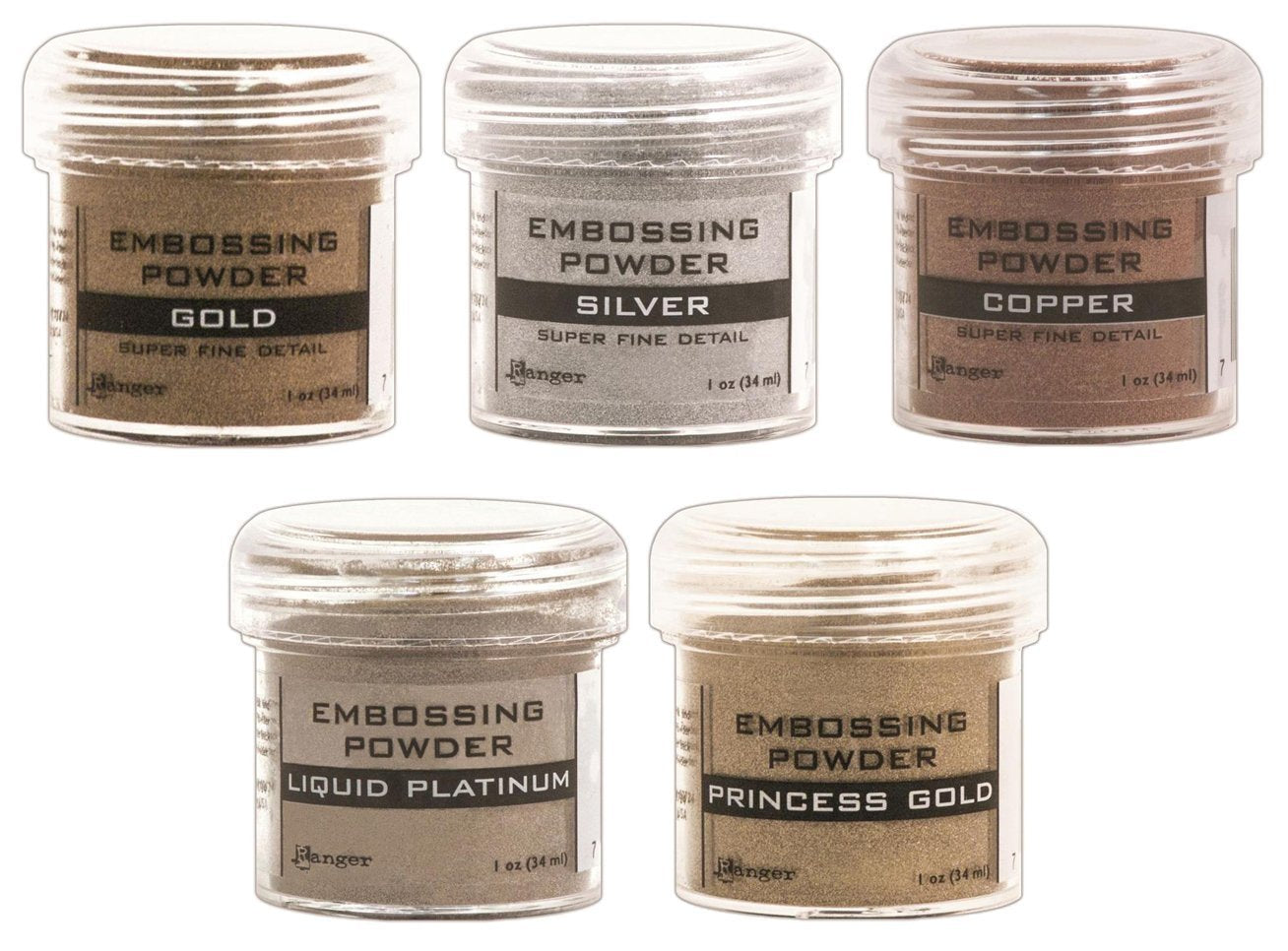 Ranger - Heat Embossing Powder for Cardmaking - Metallic - Gold, Silver, Platinum, Copper & Princess Gold - 5 Item Bundle