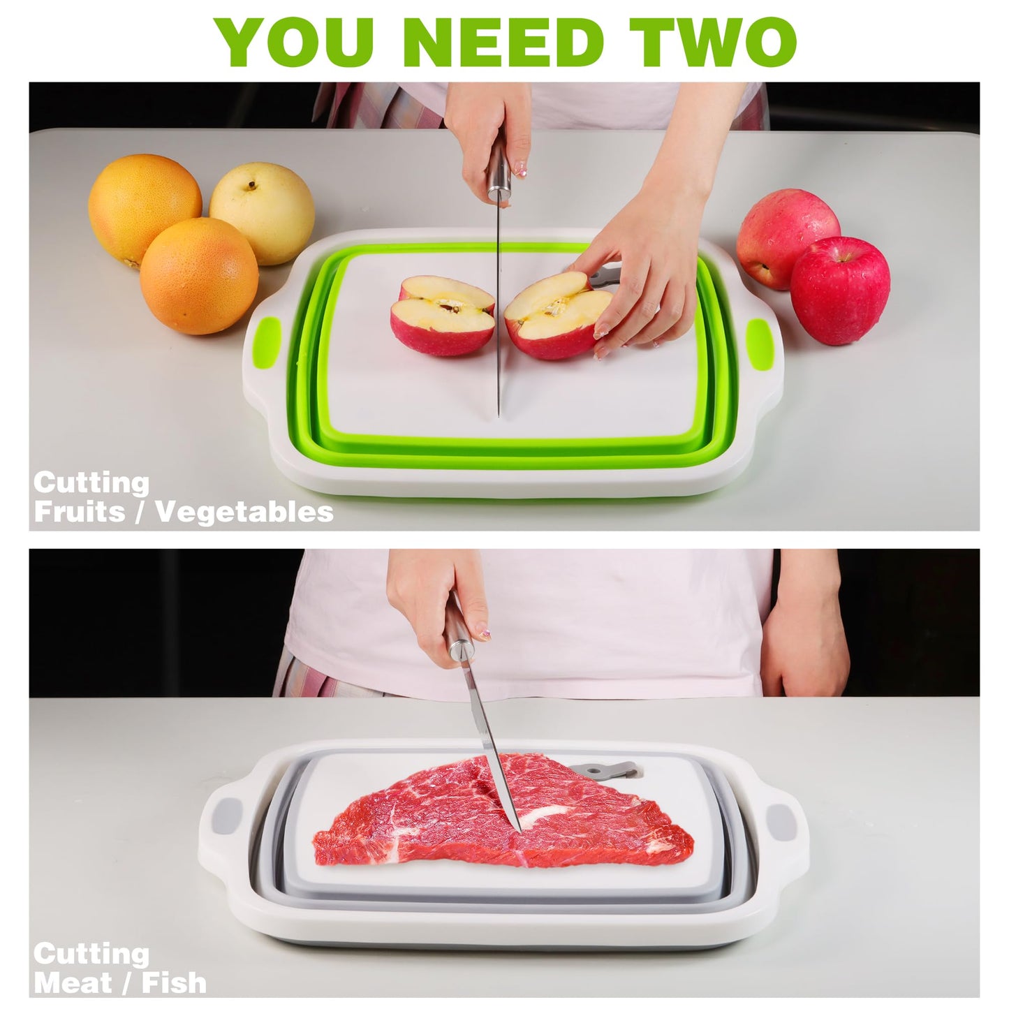 2 Pack Collapsible Cutting Board, Foldable Dish Tub with Draining Hole, Portable Chopping Board with Colander, 3 in 1 Multifunction Camping Sink for Washing Dish, Bowl, Vegetables and Fruit
