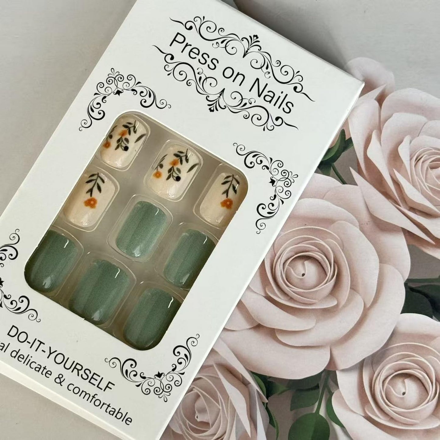Spring Press on Nail Short Square Fake Nails Full Cover Green Leaves Floral designs Stick on Nail Cute Artificial Acrylic False Nails Glossy Reusable Glue on Nails Summer Press ones for Women 24pcs