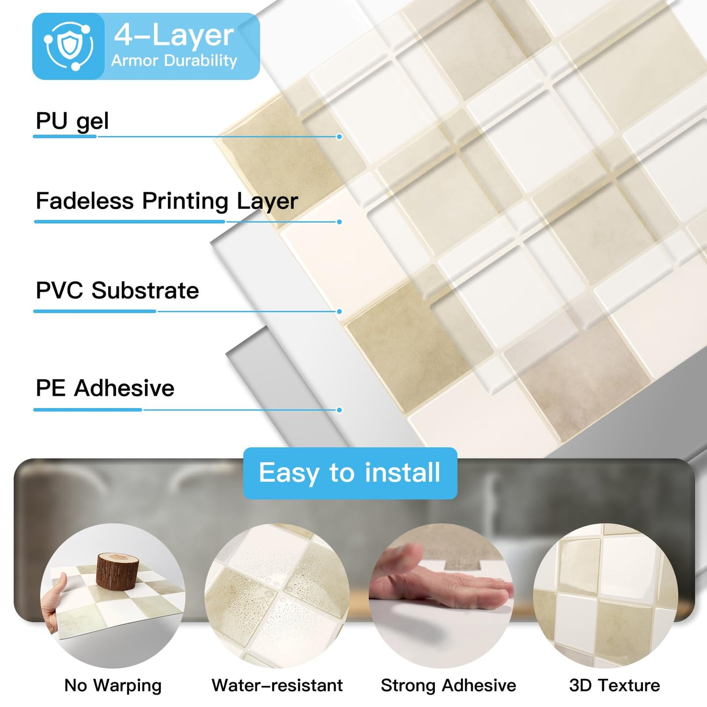 Art3d 10-Pack Heavy-Duty Peel and Stick Backsplash, 12x12 Inch Self-Adhesive Wall Tile Stick on Kitchen Countertop, Beige and White
