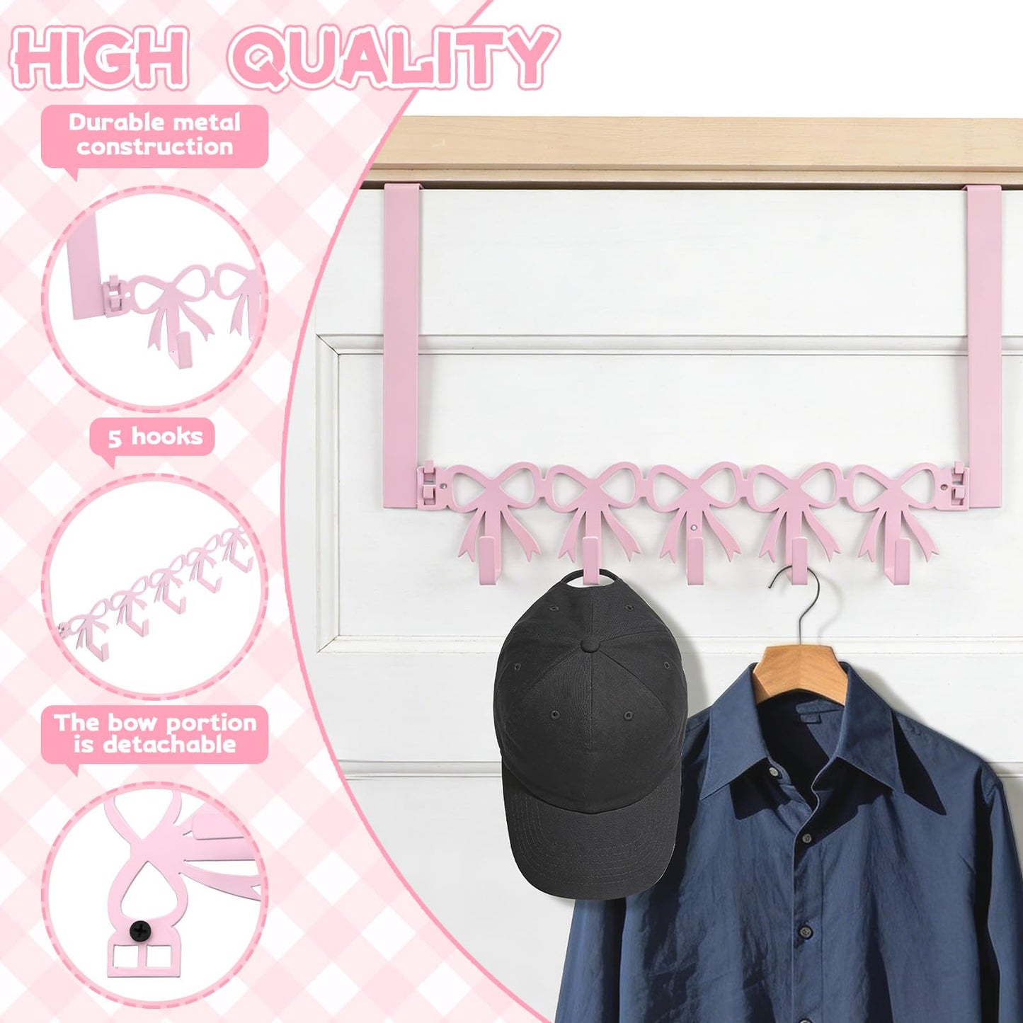 Yitexin 2 Way Mounting, Wall Mount or Over the Door Hooks, Cute Pink Bow Door Rack Hanger for Hanging, Heavy Duty Towel Rack with 5 Hook for Hats Purses Coats Clothes Bathroom Organizer (Pink)
