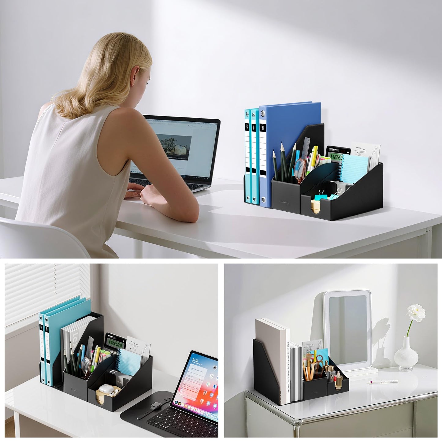 KONDOUND Magnetic Desk Organizer Set - Multifunctional PU Leather Desktop Storage with File Holder, 5-Tier Storage Box, Card and Sticky Note Slots, Office Supplies Accessories for Desk & Workspace