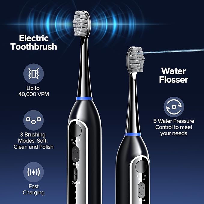 Water Flosser & Sonic Toothbrush Combo – 3 Toothbrush Modes & 5 Adjustable Flossing Speed for Complete Oral Care – IPX7 Waterproof, Fast Charging, Portable Travel Case (Black)