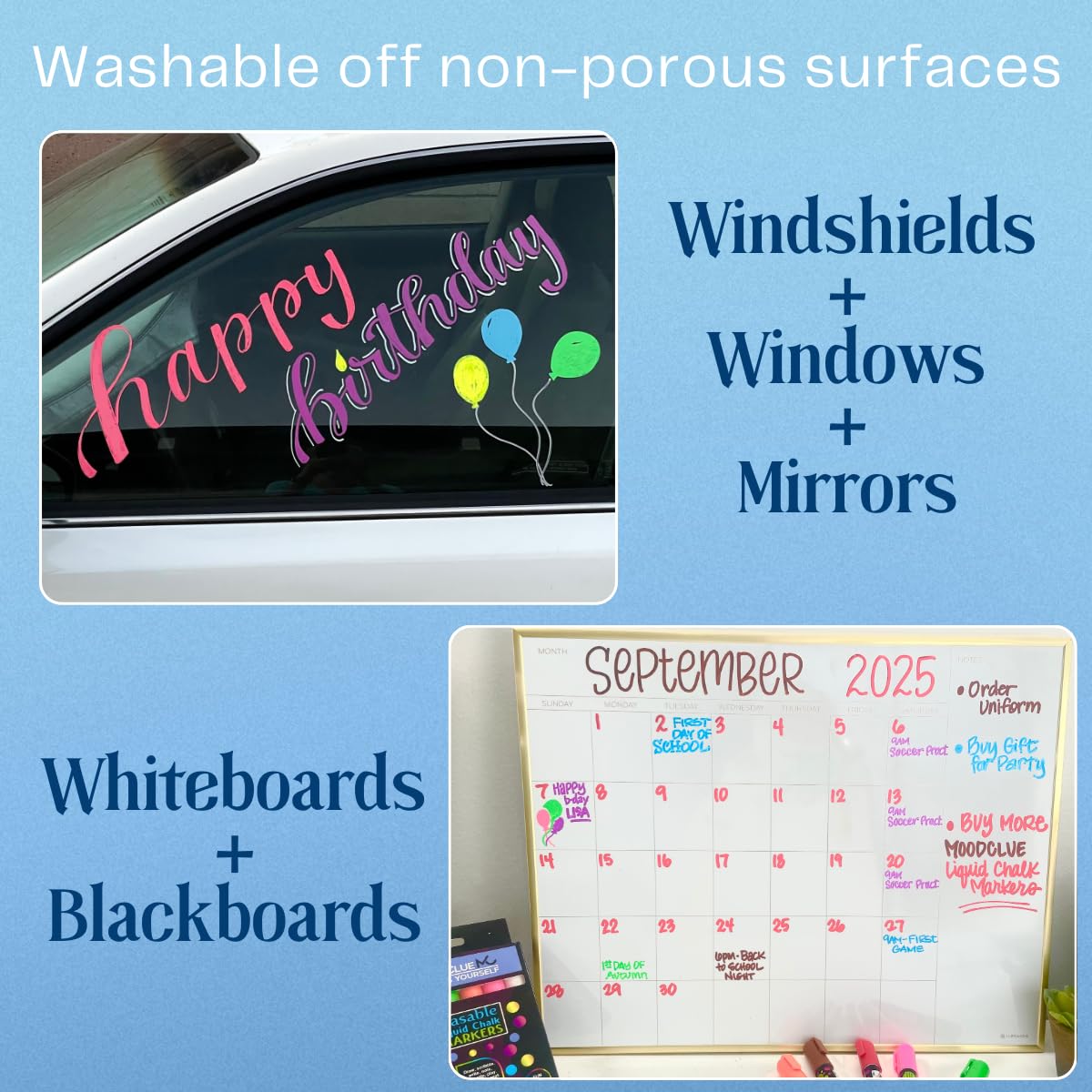 MoodClue Liquid chalk markers washable, erasable, dry or wet erase. 6 neon markers for whiteboards, glass boards, mirrors, chalkboards, windows, car windshields, glass. Non-toxic, reverse tip pens