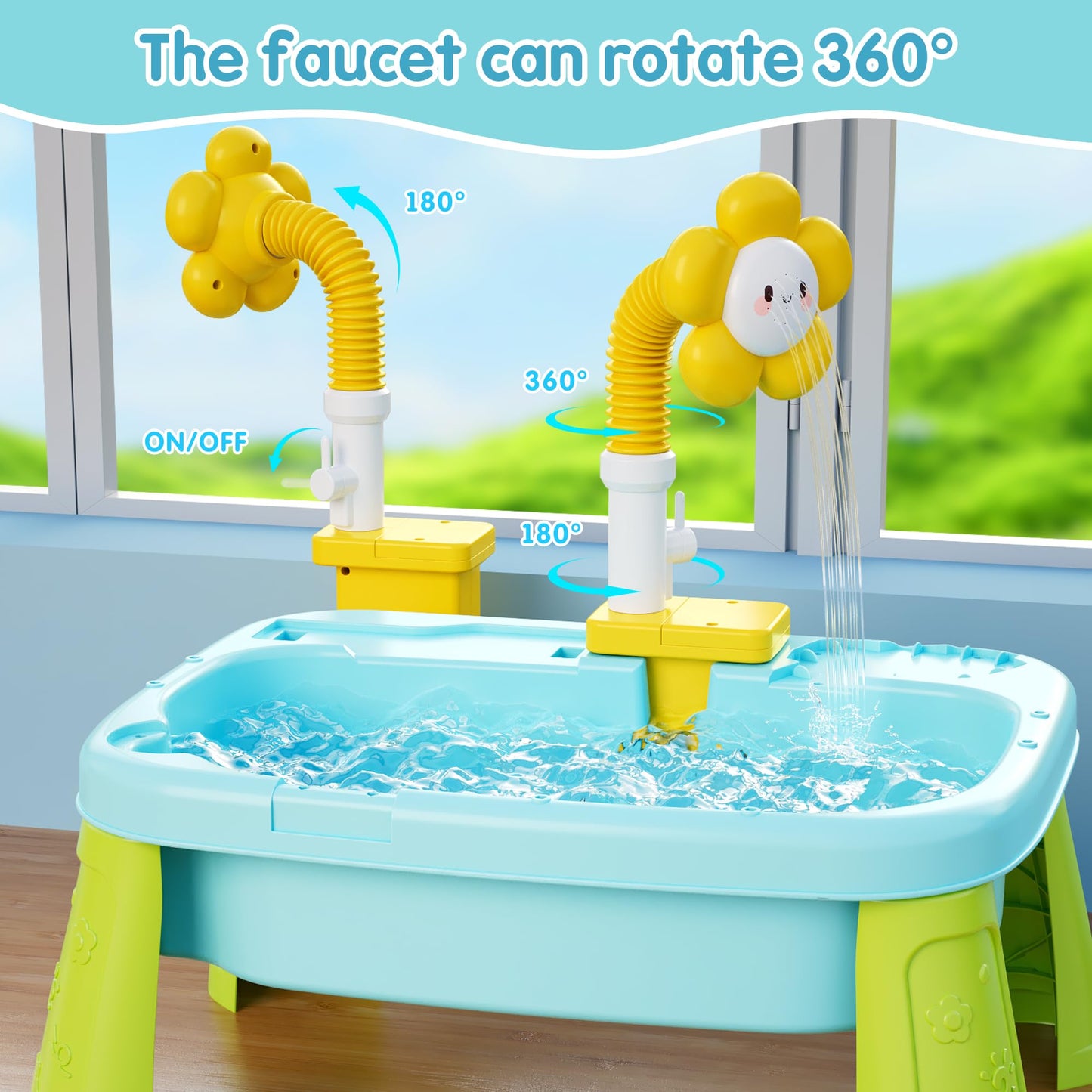 2026 New Kids Sand & Water Table Toys for Toddlers, Multifunctional Play Kitchen Sink with Fishing Game, Spray Function,Kitchen Toys, 360° Electric Faucet,Summer Indoor Outdoor Gifts for Boys Girls
