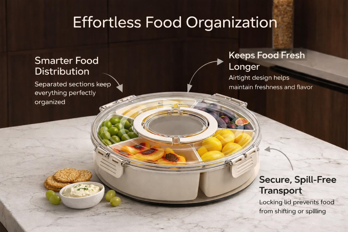 Divided Serving Tray with Lid - Snack Tray - Snack Box - Portable Snackle Box Organizer for Fruit, Salad, Chips & Dip - Lazy Susan Platter with Handle for Parties, Road Trips, Kids & Charcuterie