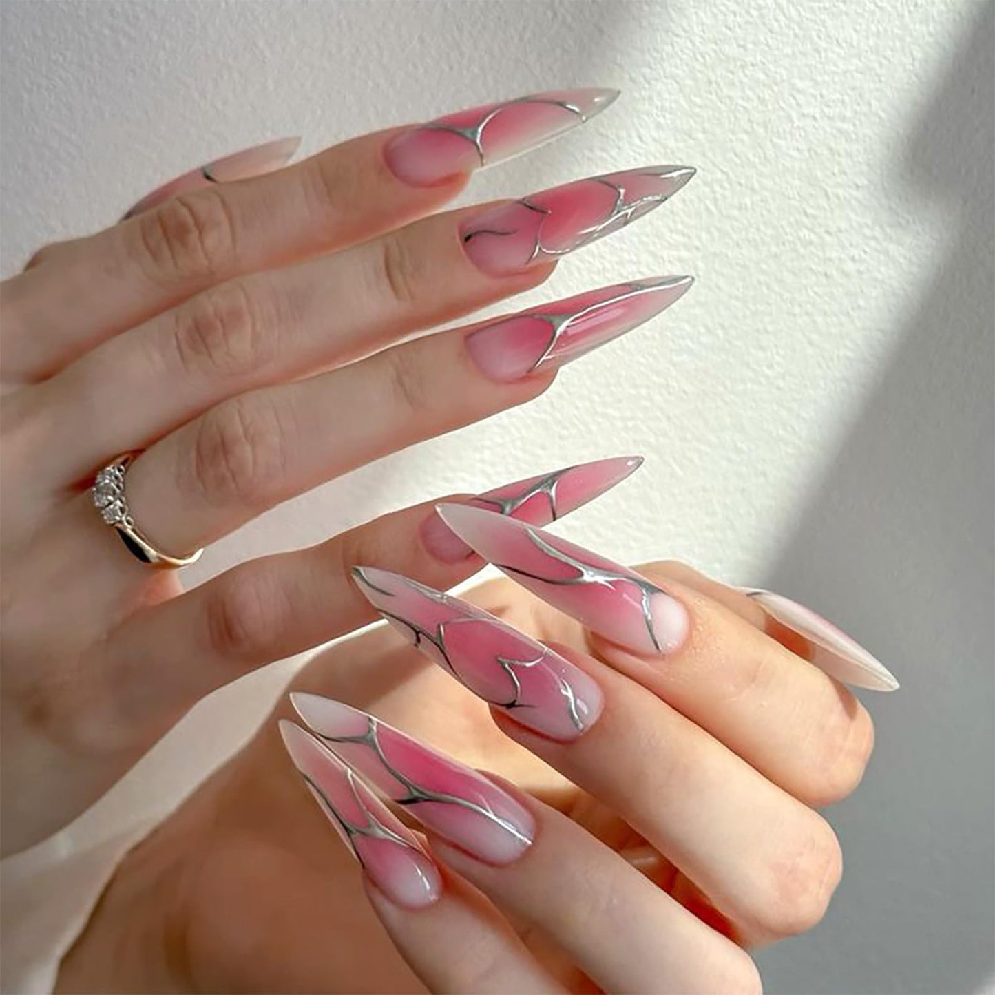 SINHOT Stiletto Press on Nails - Long Fake Nails, Glossy Finish, Pink Ombre & Silver Mesh Line, DIY Artificial False Nail Art - 24 Pcs Nail Kit with Glue