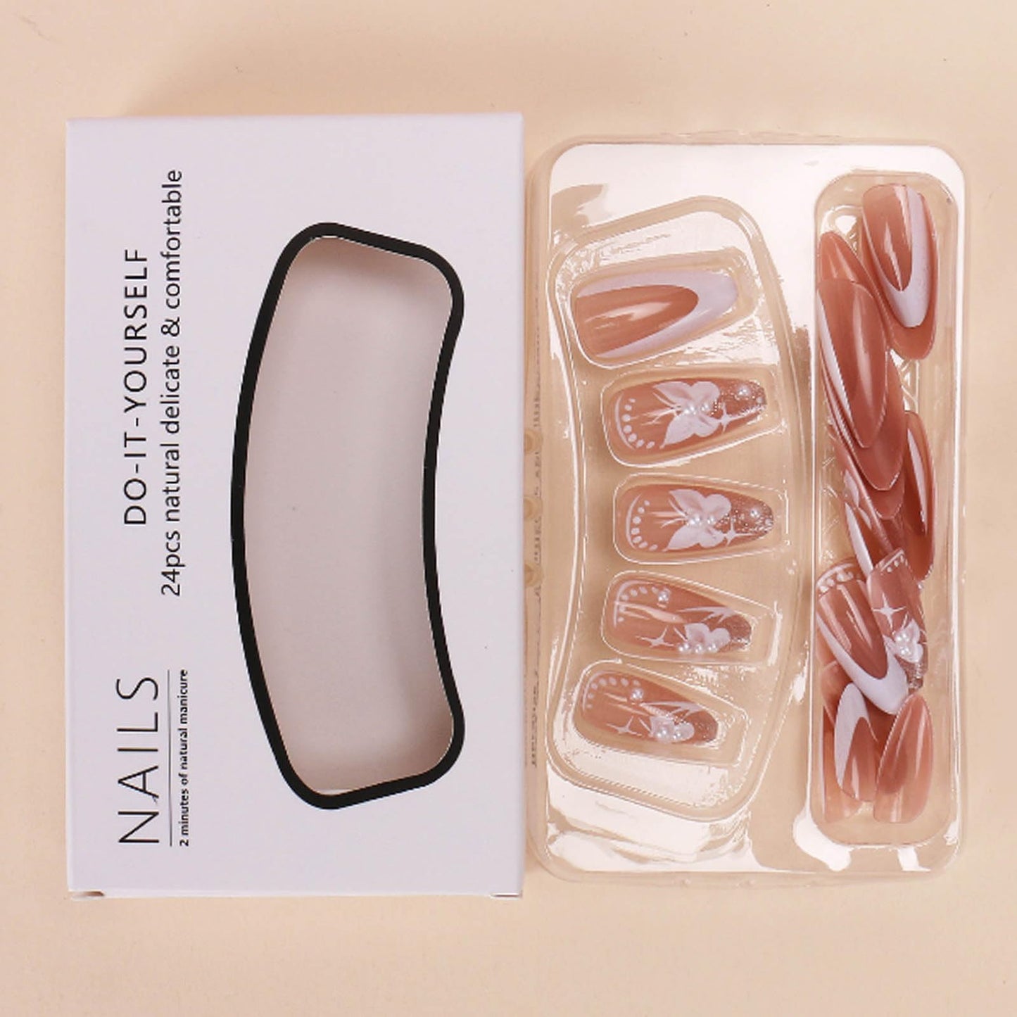 Hkanlre Almond Press on Nails White Medium Fake Nails Tips Full Cover False Flower Nails for Women and Girls 24PCS