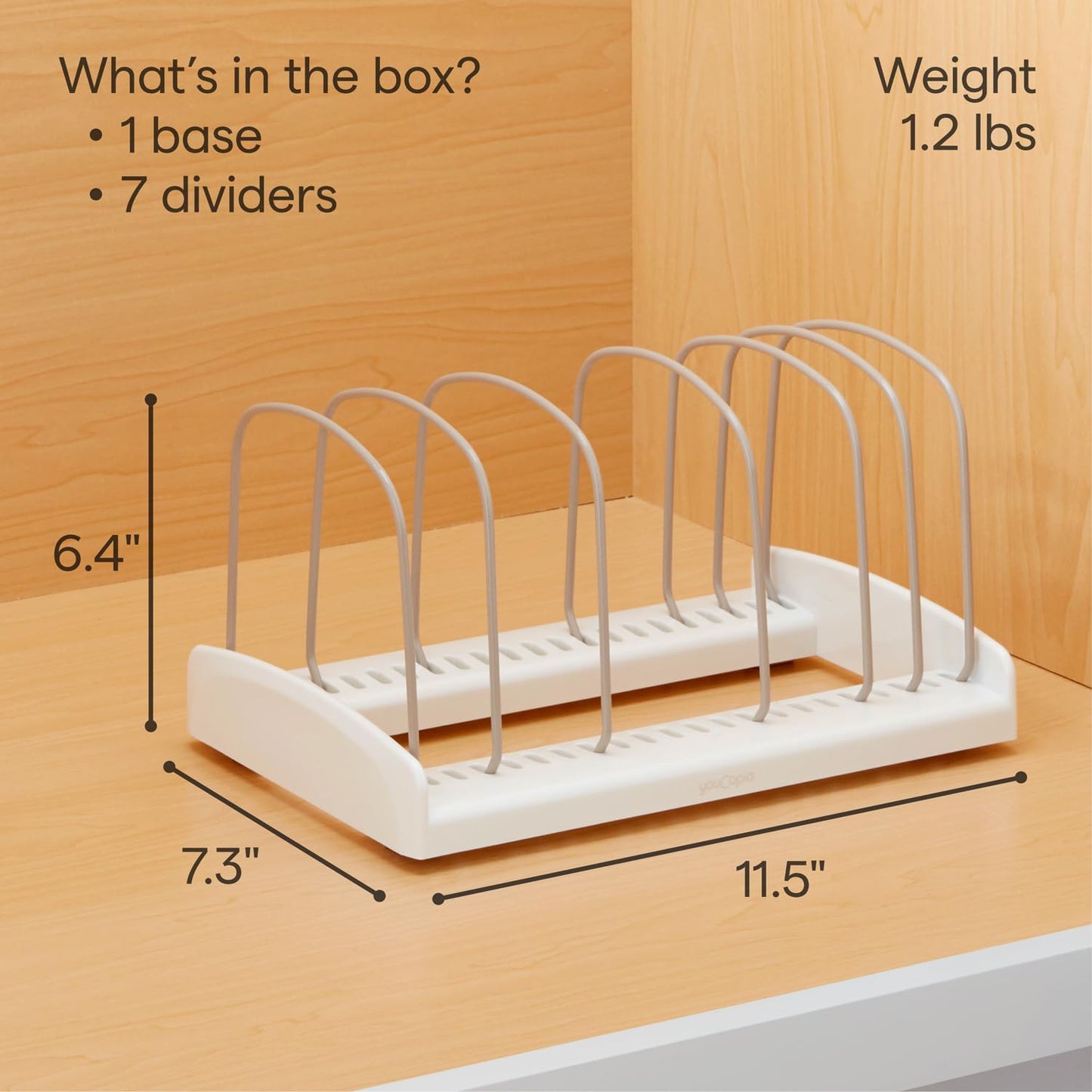 YouCopia StoreMore Bakeware Rack with Tall Steel Wires, Adjustable Pan and Lid Organizer, Classic Edition – White, Alloy Steel & Plastic, 11.5”W x 7.3”D x 6.4”H, Customizable Shelf
