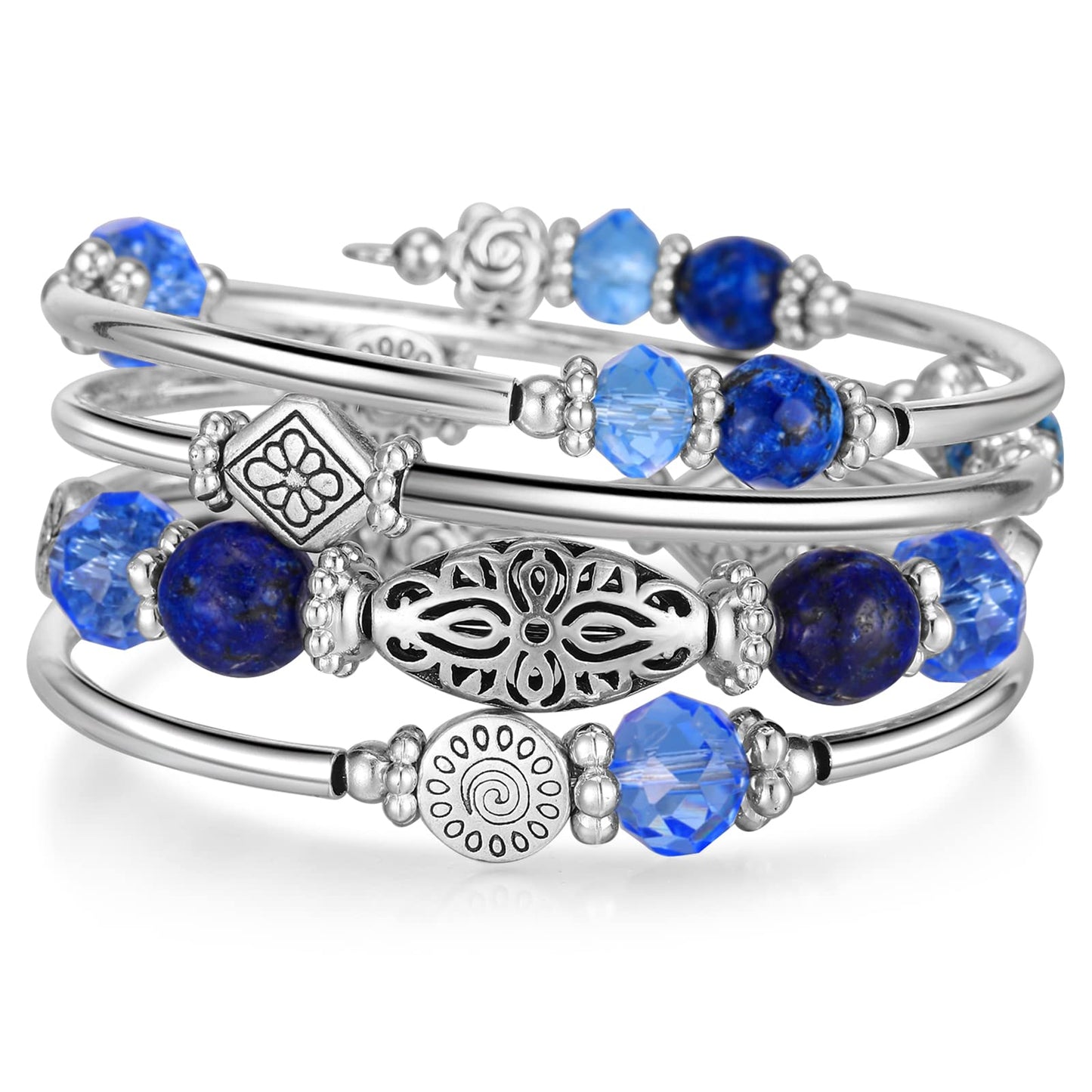 FULU AUTUMN Stackable Beaded Bracelets for Women Boho Wrap Silver Bracelet Layered Fashion Jewelry Gifts for Her(Sapphire)