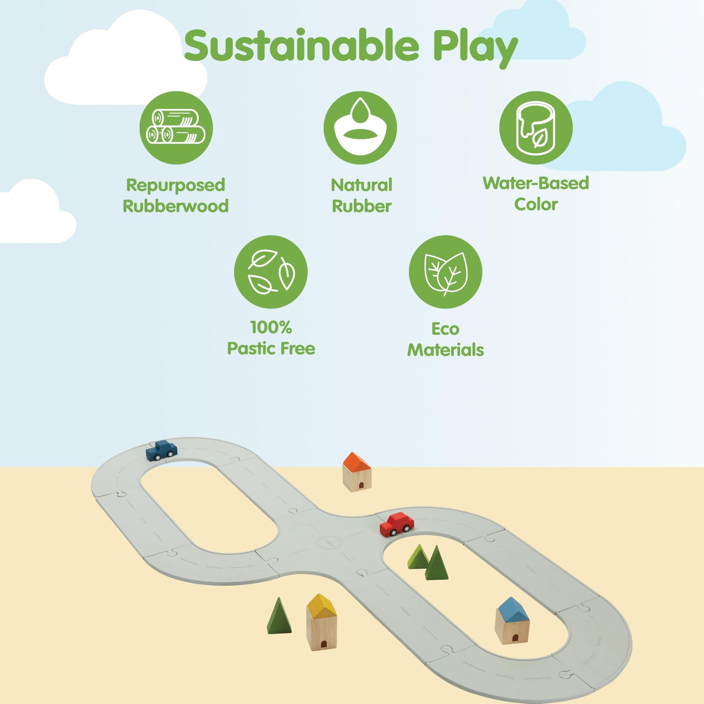 PlanToys® Road & Rail Set Montessori Imaginative and Creative Play Set | Early Language, Problem Solving and Coordination Activity | Eco Friendly Road and Rail Building Set