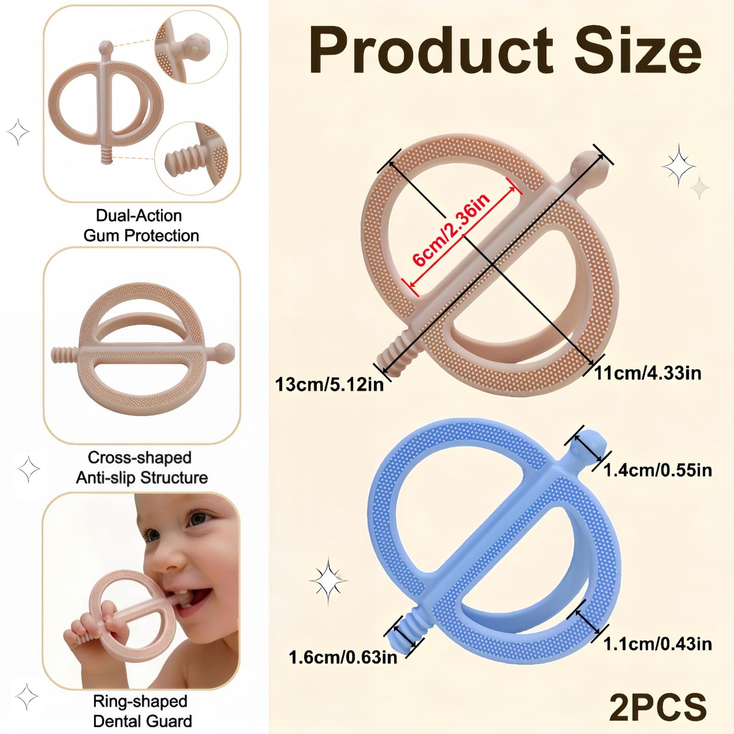uwsic 2-Pack Baby Teething Toys, Food Grade BPA-Free Silicone Baby Teether for 3-18 Months, Ring-Shaped Teething Toy for Babies, Multi-Textured Choke-Proof Easy Grip Teether for Infants (Khaki&Blue)
