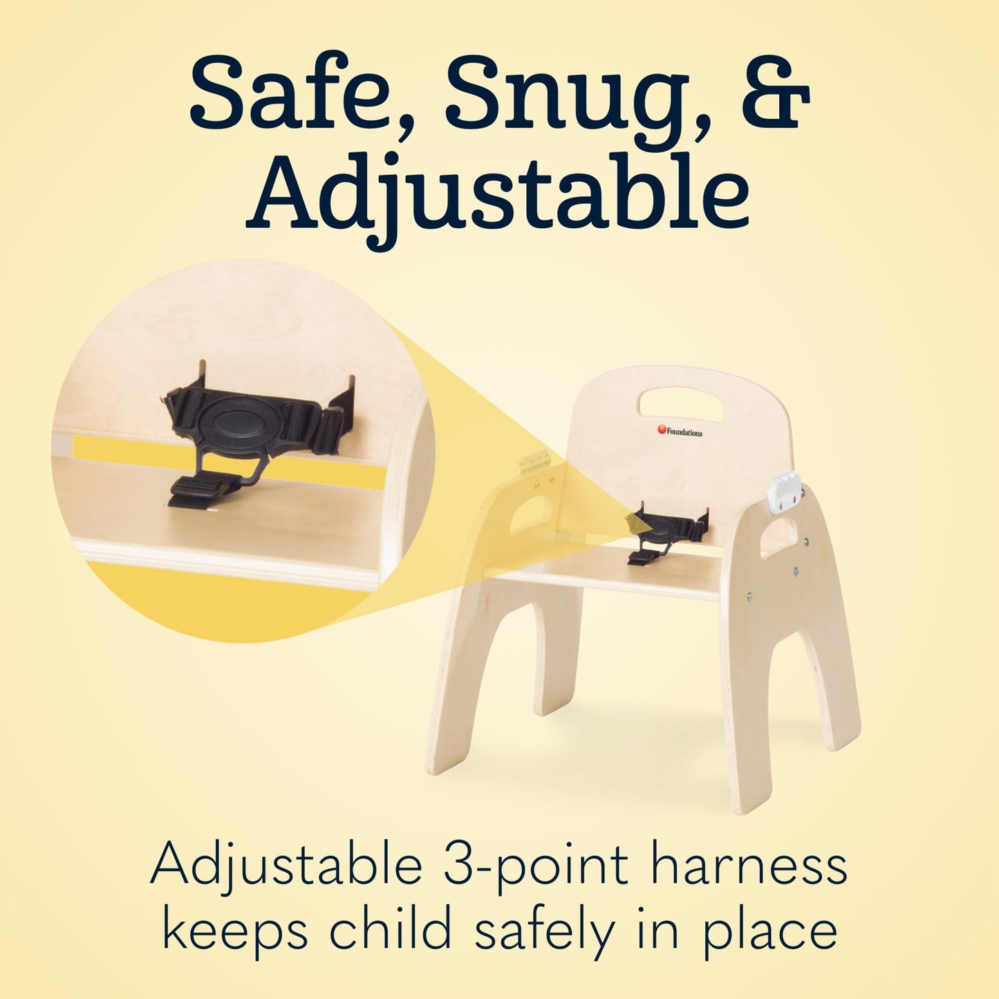 Foundations Easy Serve Low Wood Feeding Chairs Multipack, Adjustable Harness, Removable Dishwasher Safe Tray, No-Tip Base, Stackable Toddler Chairs, 2 Pack, 13 inch