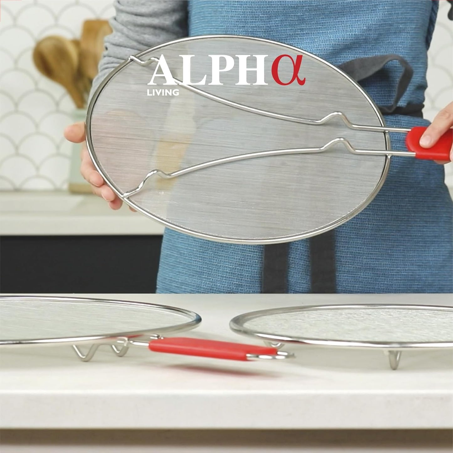ALPHA LIVING 2 Pack Splatter Guard for Frying Pan & Food Strainer and Universal Cookware 13" - Stops Hot Oil Splash - RED Handle - Splatter Screen for Cooking - Alpha Living