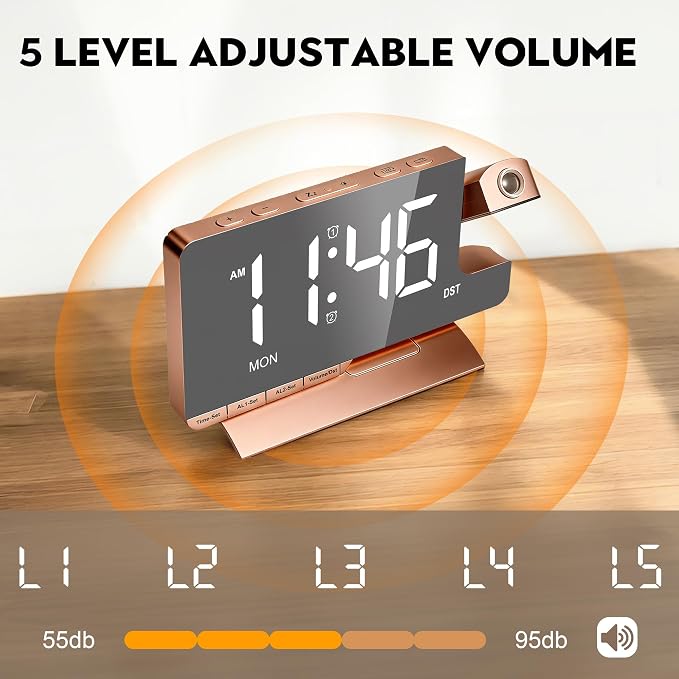 SZELAM Alarm Clock Bedside with Projection Digital Clock,7.3" Mirror Clock with 180°Rotating Projector,Dual Alarm with 3 Mode,Brightnee Adjust,DST,Snooze,Charging Port,5 Levels Volume for Desk Teens