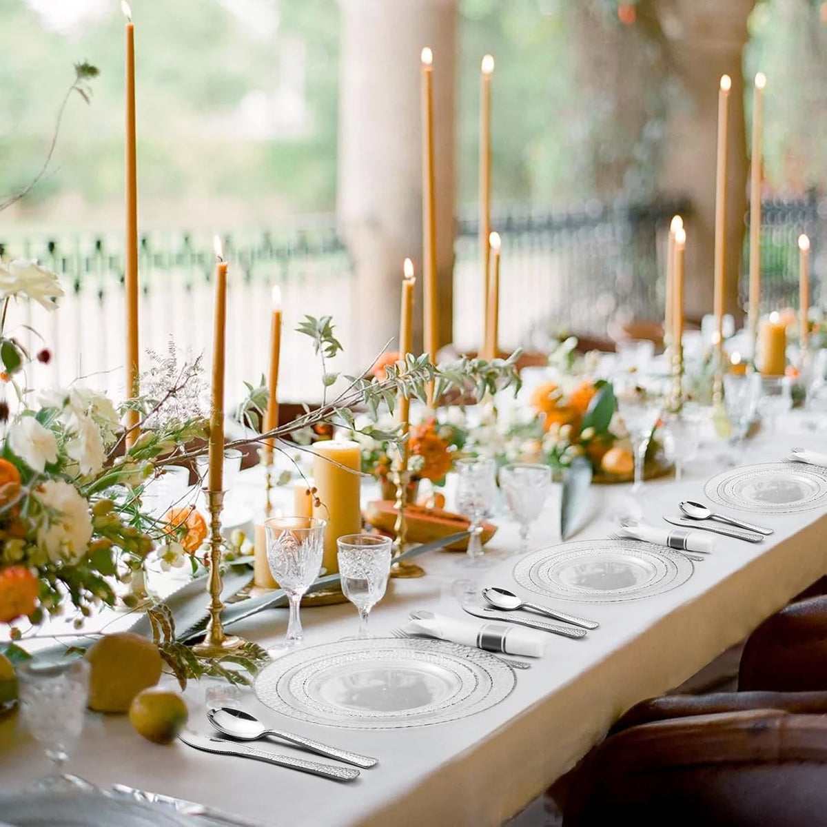 350PCS Clear Plastic Plates with Silver Trim for 50 Guests, Disposable Dinnerware Set for Party & Wedding, Includes 100 Plastic Plates, 50 Pre Rolled Napkins with Silver Silverware, 50 Cups
