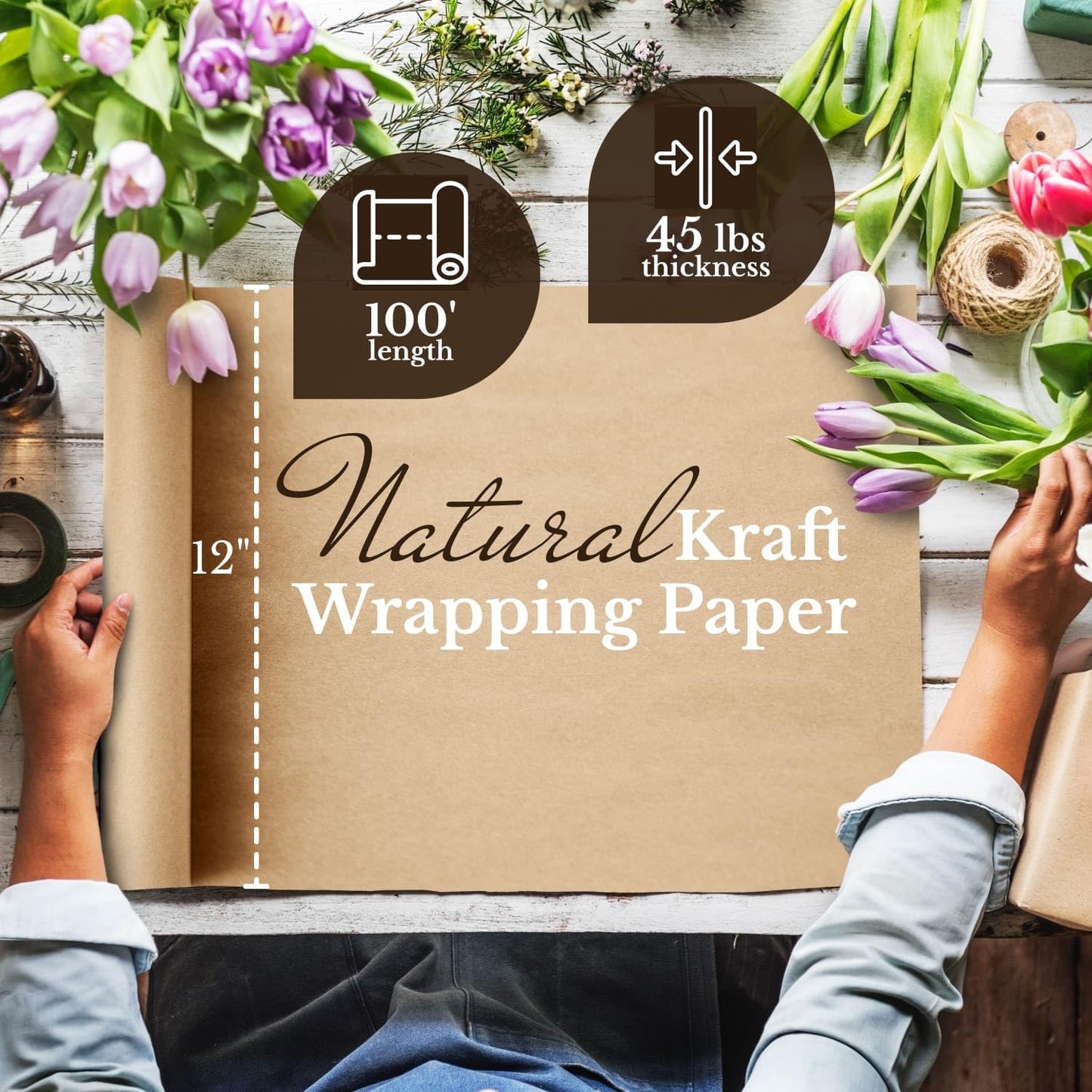 Paclord Flower Wrapping Kraft Paper, 12" x 1200" (100 ft), 45 lbs Thickness – Brown Paper Roll for Bouquet Wrapping, Floristic Shops, and Flower Decorations