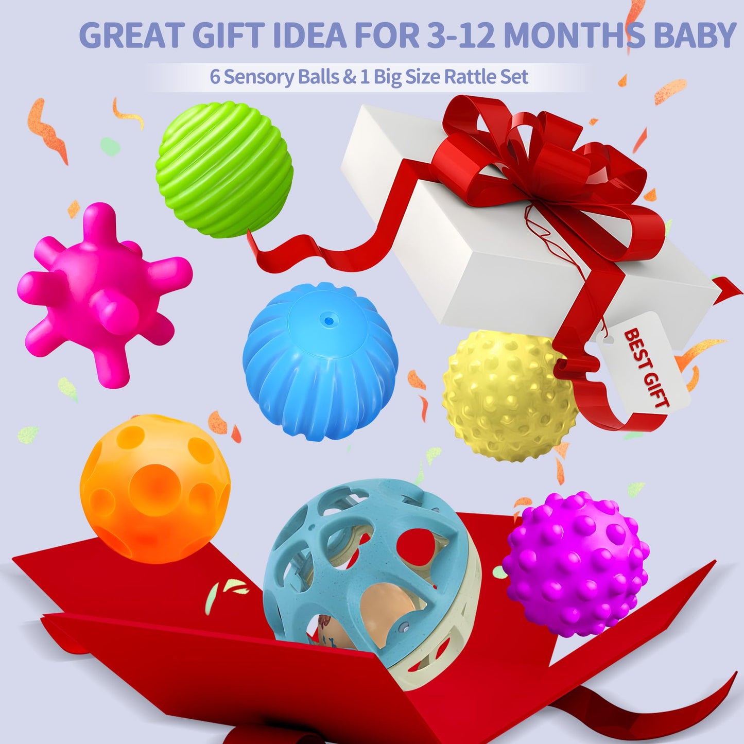 Montessori-Inspired Sensory Balls & Wheat Straw Rattle Set for Babies 6–12 Months & Toddlers 1–3 | Multi-Textured, Stress-Relief Baby Toys for Early Learning, Motor Skills & Gentle Massage
