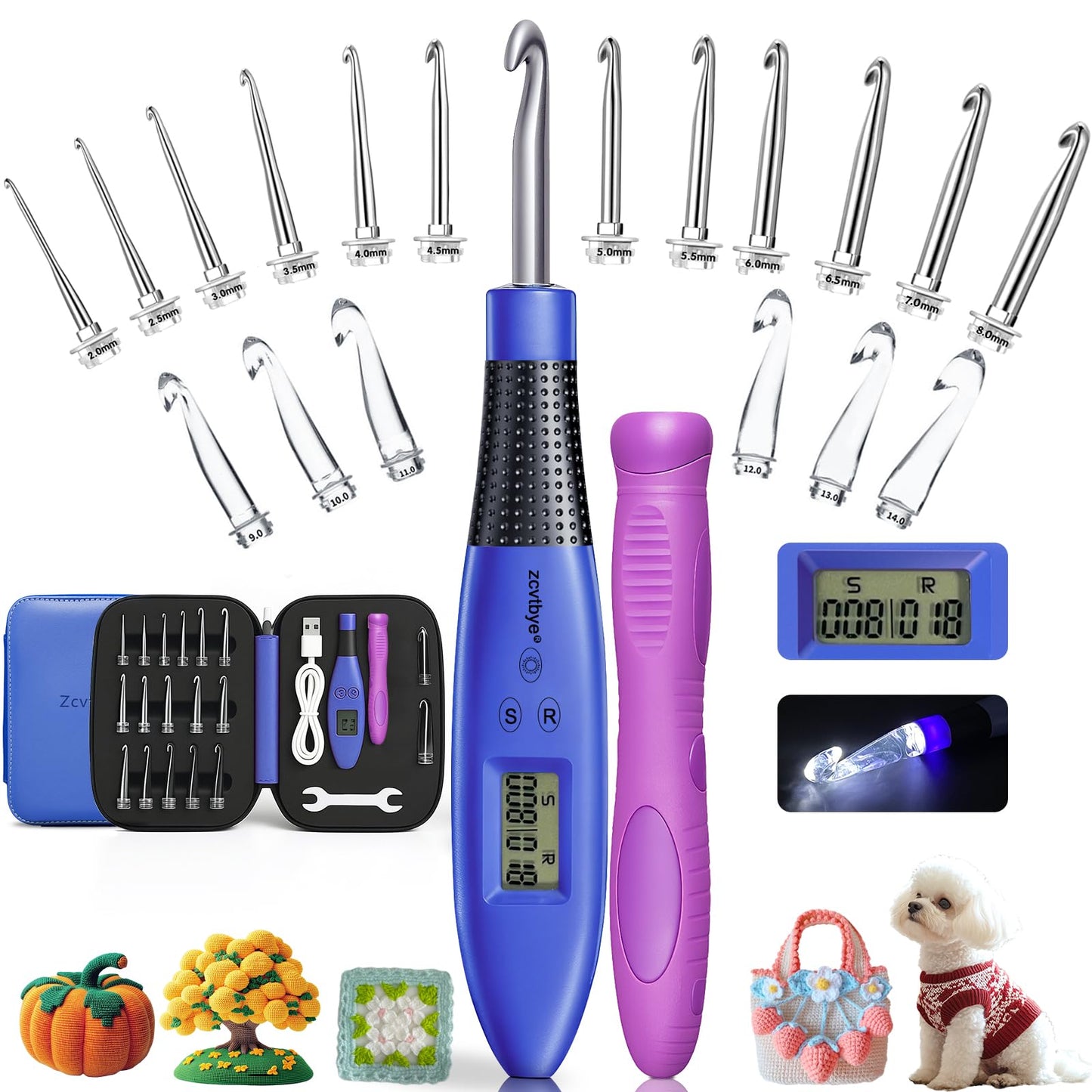 Zcvtbye 18 Size Counting Crochet Hook for Beginners, Lighted Led Digital Row Stitch Counter with Ergonomic Soft Handle, Interchangeable Metal Hook Heads, USB Rechargeable for Dark Yarn
