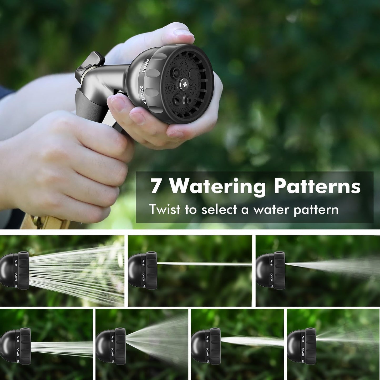 RESTMO Garden Hose Nozzle, Heavy Duty Water Hose Nozzle with 7 Adjustable Spray Patterns, High Pressure Hand Sprayer with Flow Control, for Watering Plants & Lawns, Washing Cars & Pets, Flash Black