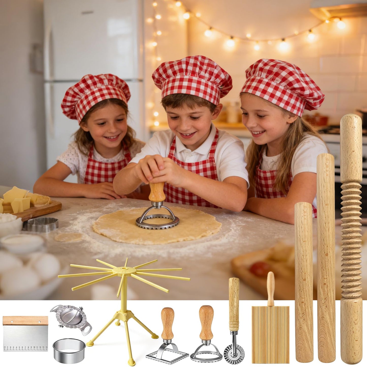 11 Pcs Pasta Making Tools-3 Size Rolling Pins，2 Dumpling Molds，Dumpling Marker，Square and Round Pasta Stamp,Dough Cutter,Pasta Drying Rack,Gnocchi Board,Pasta Making Kit Accessories for Home