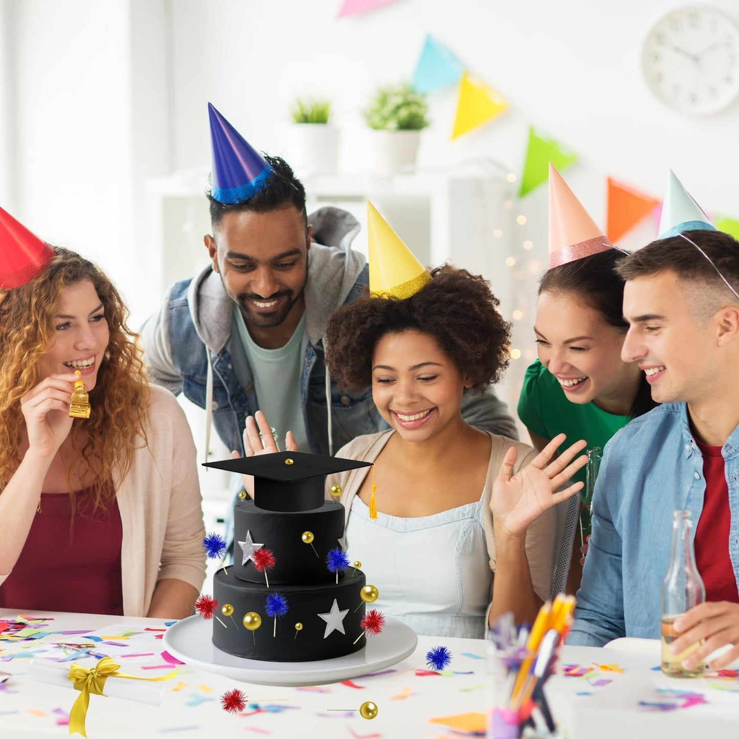 32PCS Graduation Cake Decorations Kit for Class of 2026 Includes Felt Tassel Caps, Firework Cupcake Toppers, Diploma and Balls, Black Theme Party Supplies for High School,College Celebrations (Black)