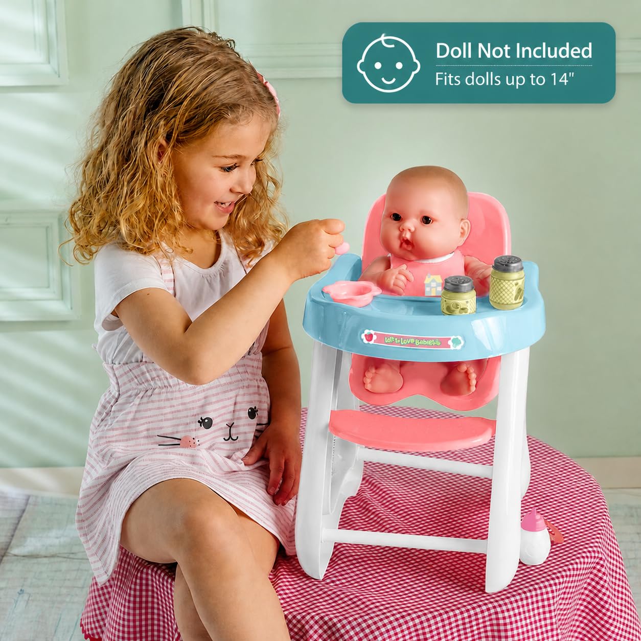 JC Toys - Doll High Chair | Fits Dolls up to 17" | Easy to Clean | Simple Assembly | 7 Piece Play Set| Ages 2+, Pink/Blue