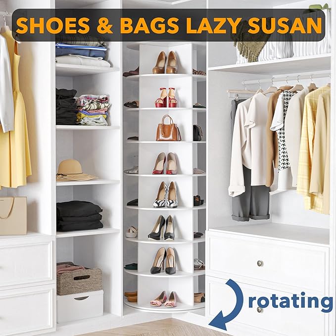 SpaceAid 8 Tier Rotating Shoe Rack Tower, Spinning Shoe Display Lazy Susan, Revolving 360 Shoe Rack Storage Round Carousel, Vertical Handbag Rotate Shoes Closet Organization (8-Tier White)