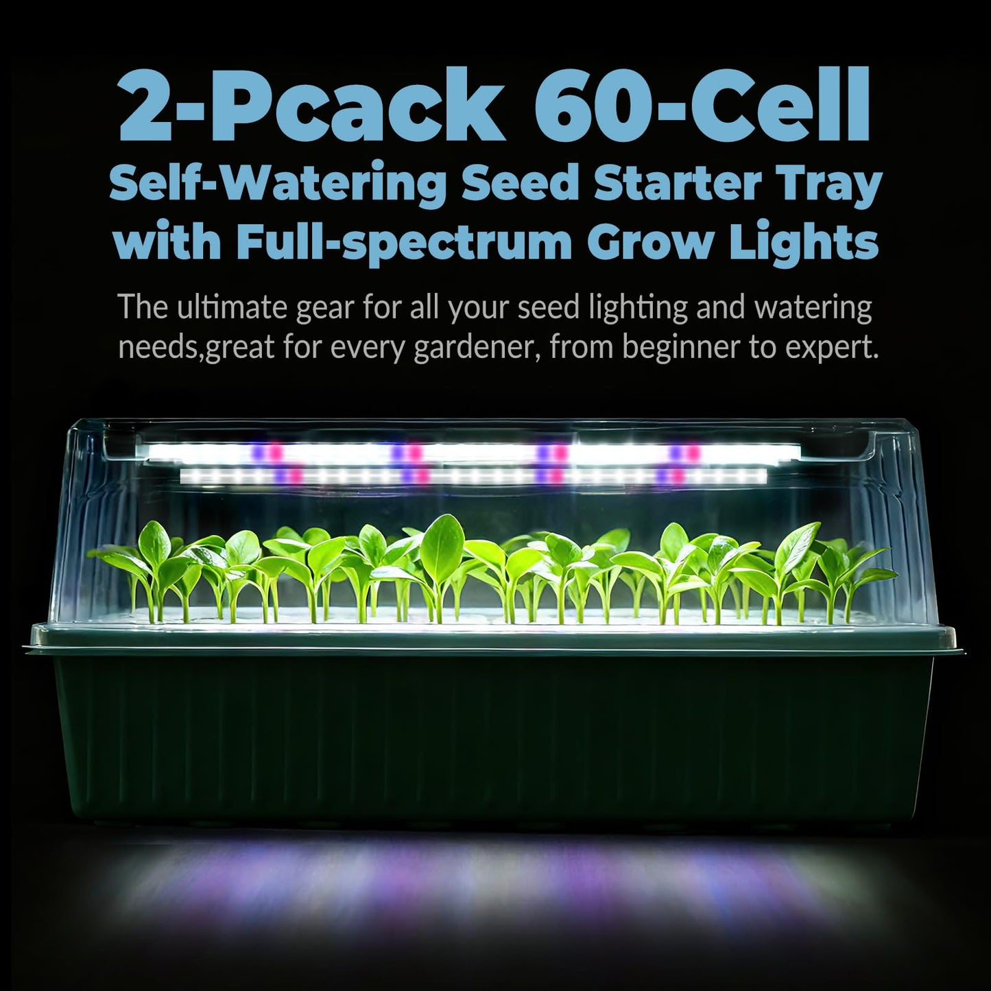 120-Cell Self-Watering Seed Starter Tray with Grow Light,2 Sets of 60-Cell Seed Starter Kit with Tall Humidity Dome,Indoor Seedling Starting Germination Kit with 4 Full-spectrum Growing Light Tubes
