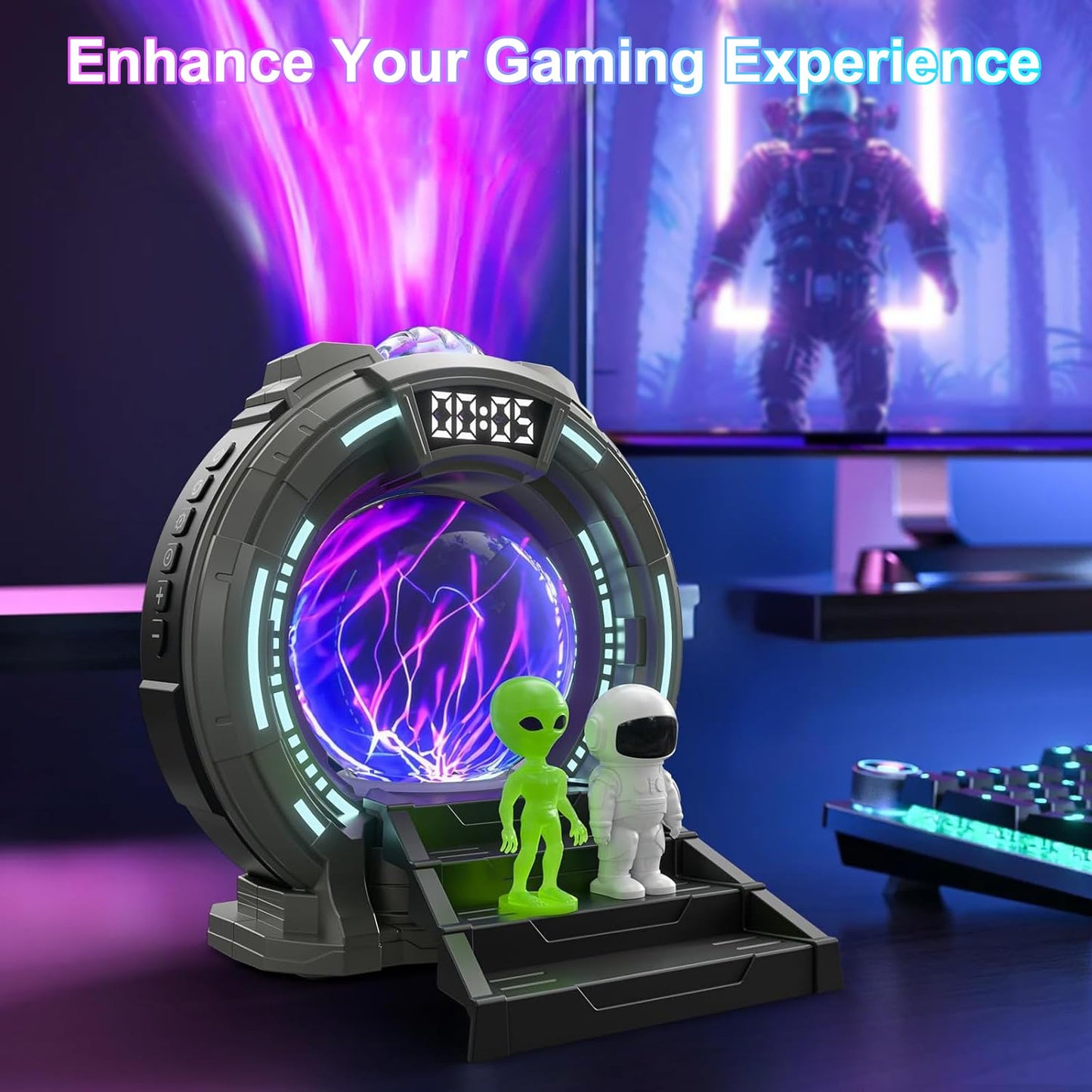 Northern Lights Projector with Plasma Ball Lamp, White Noise, Music Speaker, Alarm Clock & Remote, Stargate Astronaut Galaxy Aurora Night Light Projector for Bedroom Gaming Birthday Valentines Gifts