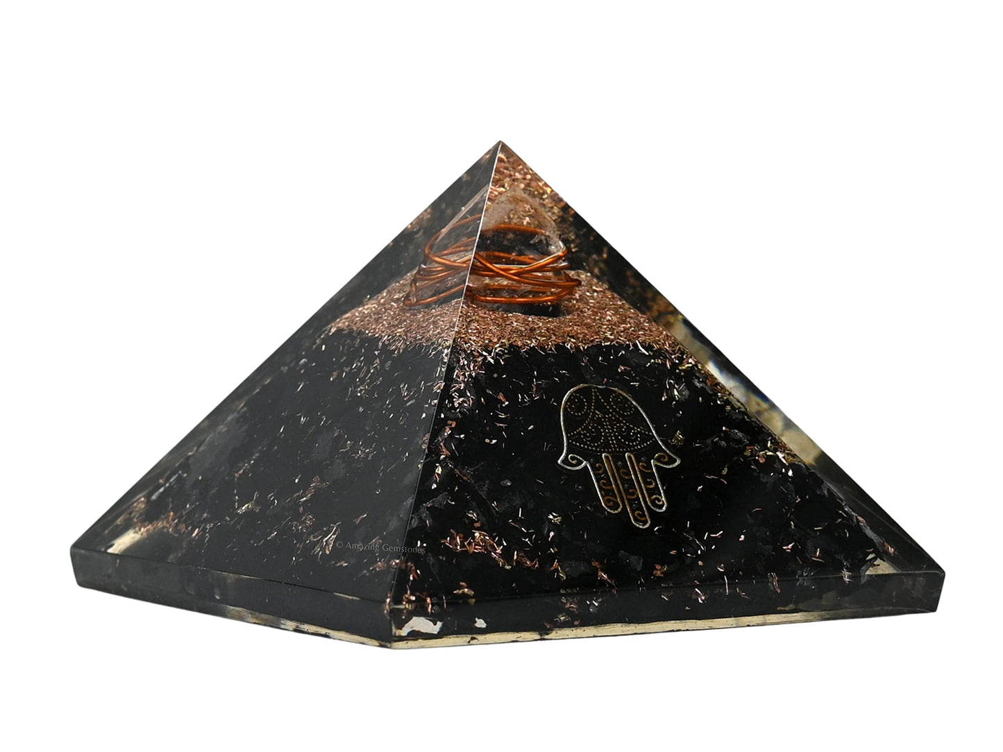 Amazing Gemstone Large Black Tourmaline Orgone Pyramid Crystal, Hamsa Hand Evil Eye Orgonite Pyramid - Positive Energy Healing