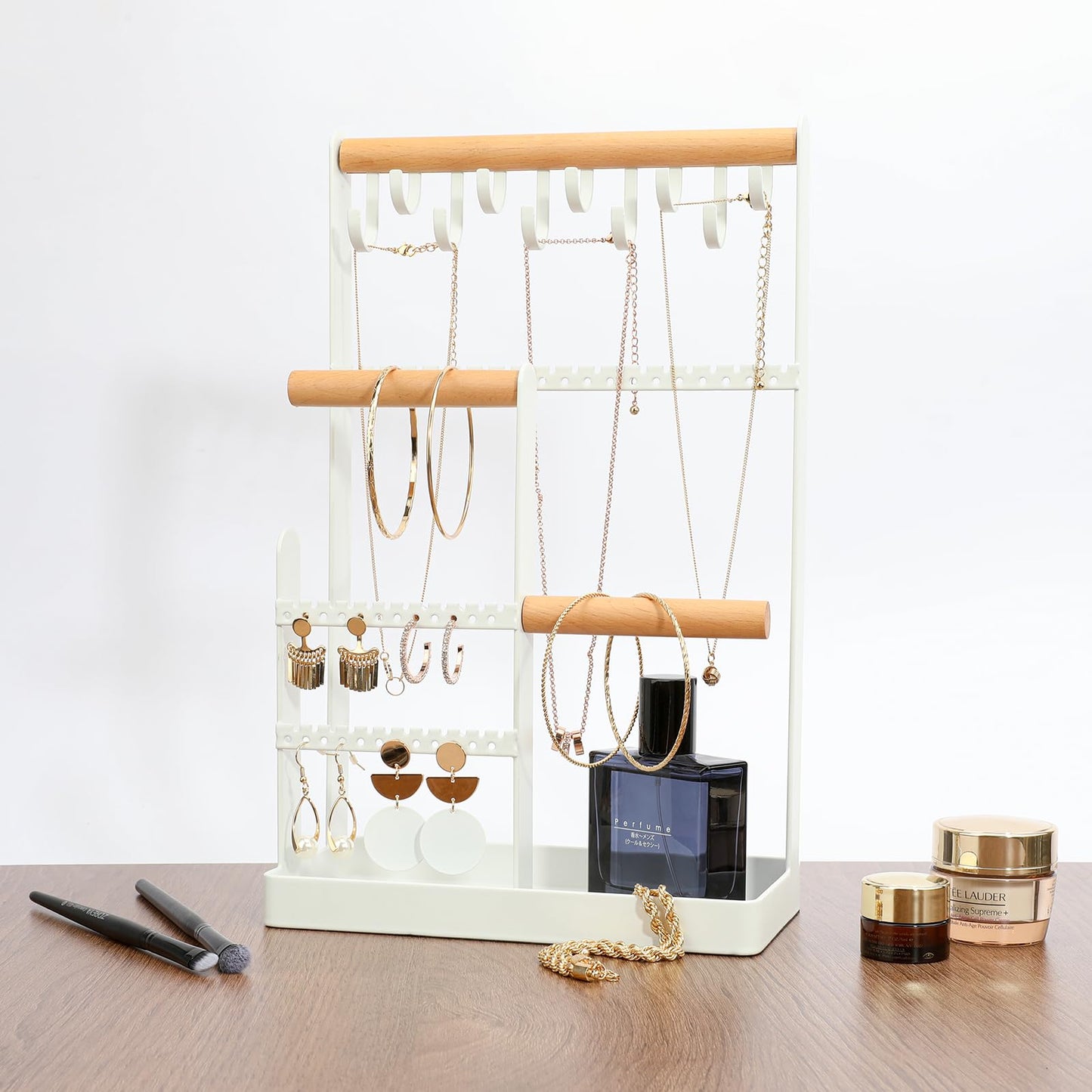 V-LAFUY Jewelry Holder Organizer, 4 Tier Necklace Holder Jewelry Tower with 10 Hooks 88 Holes, Jewelry Stand Organizer Storage Bracelets Earrings Rings Watches - Elegant White