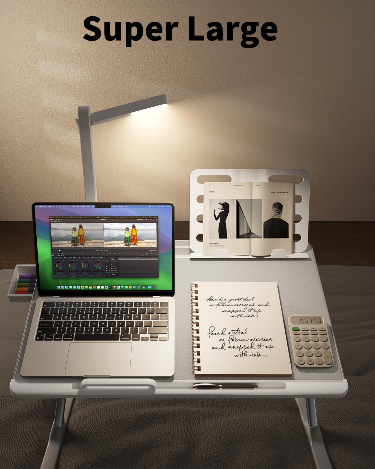 SAIJI Laptop Bed Tray Desk with LED Desk Light, Adjustable Laptop Stand for Bed, XX-Large PVC Leather Foldable Table with Book Stand, Wrist Rest, Extra Leg Room (Grey)