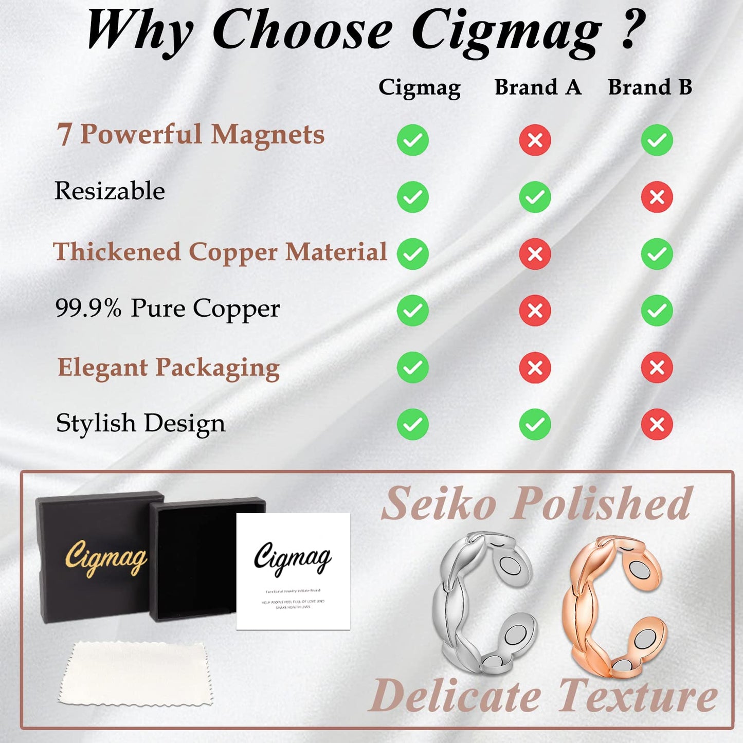 Cigmag 2PCS Copper Rings for Women Ultra Strength Magnets Adjustable Magnetic Rings with Present Box