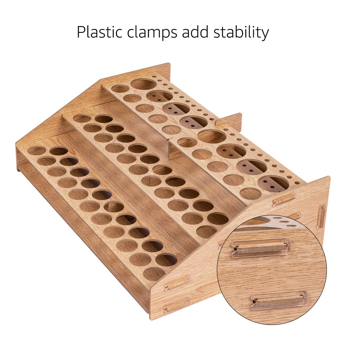 Amazon Basics Craft Paint and Brush Organizer Rack for Paint Bottles, Holds up to 60 Bottles and 22 Brushes, Wood Finish, 14 x 8 in, Light Brown