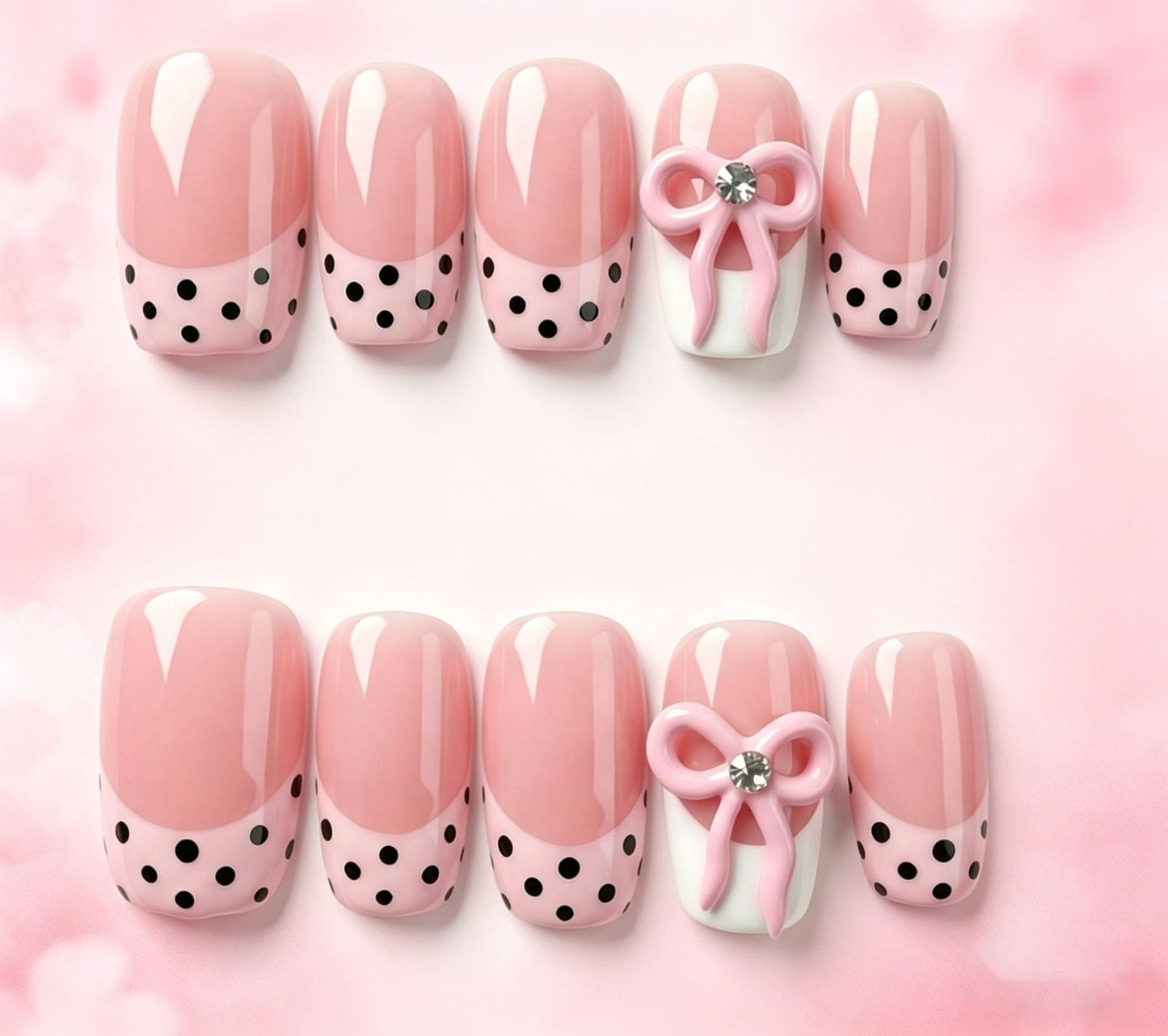 Short Square Press on Nails Polka Dot Handmade 3D Cute Glue on Nails for Women, Luxury Homemade Press on Nail Art Design, Fake Nails with 3D Nail Charms Size M 4
