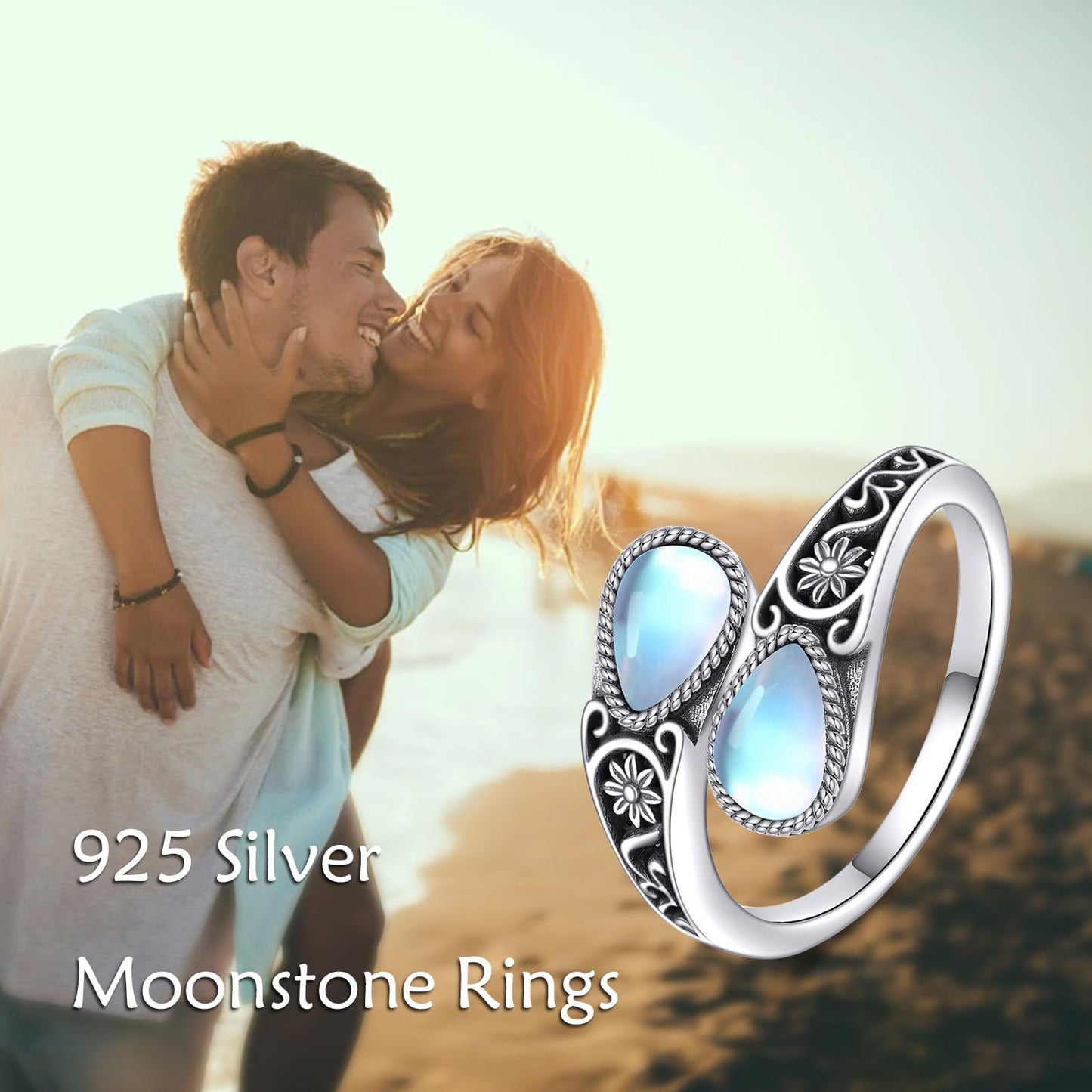 POPLYKE Sterling Silver Moonstone Filigree Spoon Ring Vintage Thumb Rings Boho Adjustable Open Ring Statement Jewelry Gifts for Women