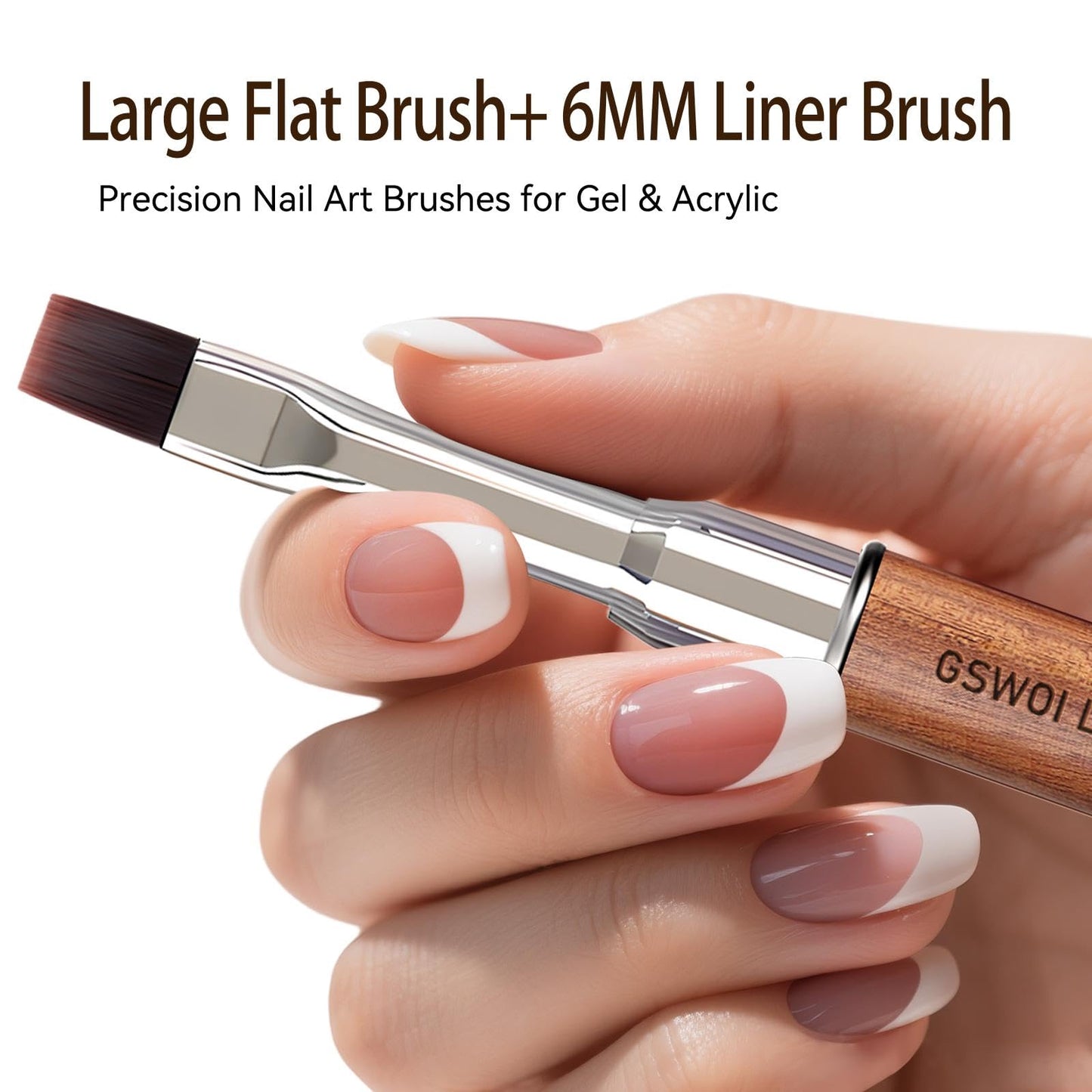 GSWOI Dual Head Acrylic Nail Brush-Large Flat & 6mm Liner for Builder Gel,Polygel & Design-Wood Handle & Metal Caps